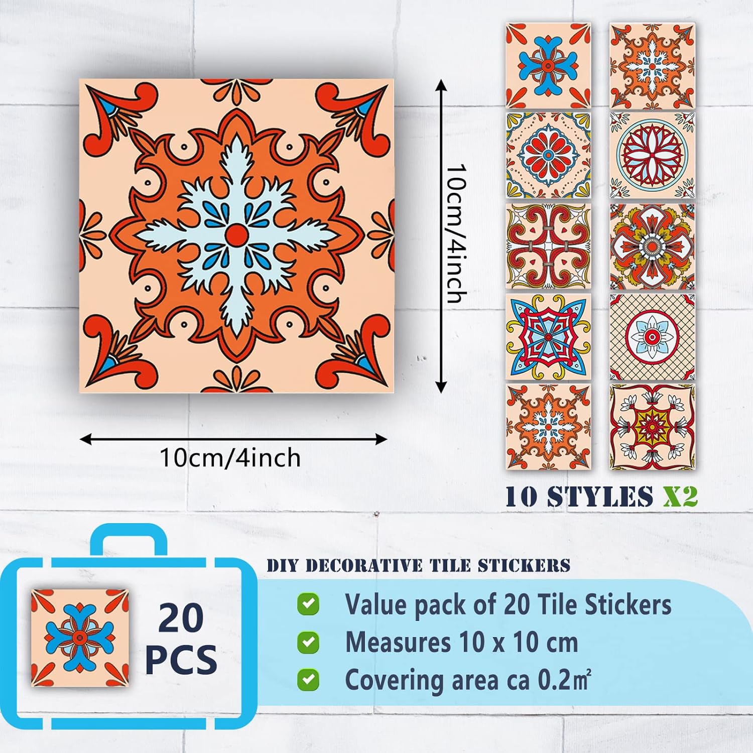 20 naklejek na płytki kuchenne, samoprzylepne płytki ścienne, naklejki do łazienki, wodoodporne naklejki ścienne z PVC, mozaika w stylu retro (10 x 10 - 2