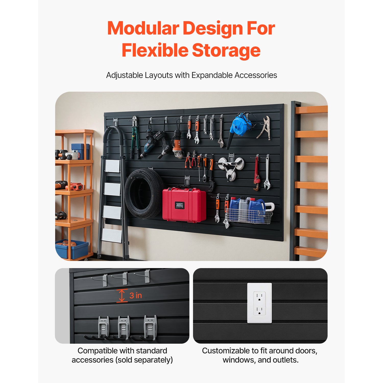 Panneau mural a lattes SucceBuy pour garage, 1225 x 2450 mm, panneau en PVC avec design modulaire, pour outils, organisation, stockage, atelier, noir - 4
