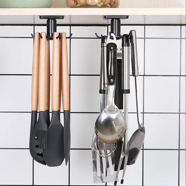 Support Ustensiles Cuisine Tournant 360° - 8 Crochets - Acier, Gain De Place