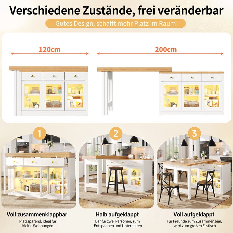 Îlot de cuisine moderne avec éclairage LED,Îlot de bar rétractable avec 3 tiroirs et portes vitrées,Chariot de cuisine multifonctionnel, Blanc - 7