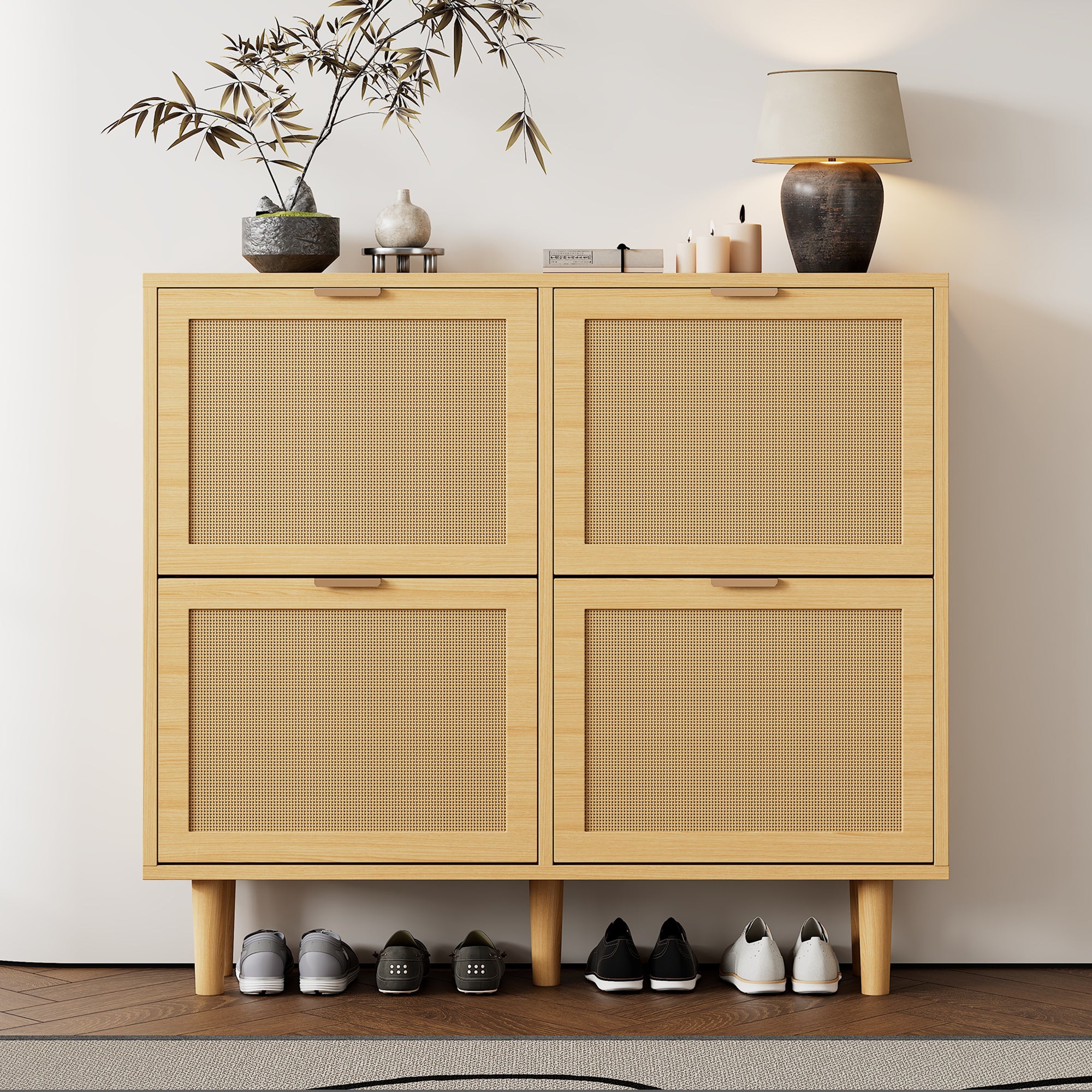 Meuble à chaussures avec 4 portes abatantes en rotin - 100 x 25 x 90 cm - Panneau de particules - Chêne clair - 8
