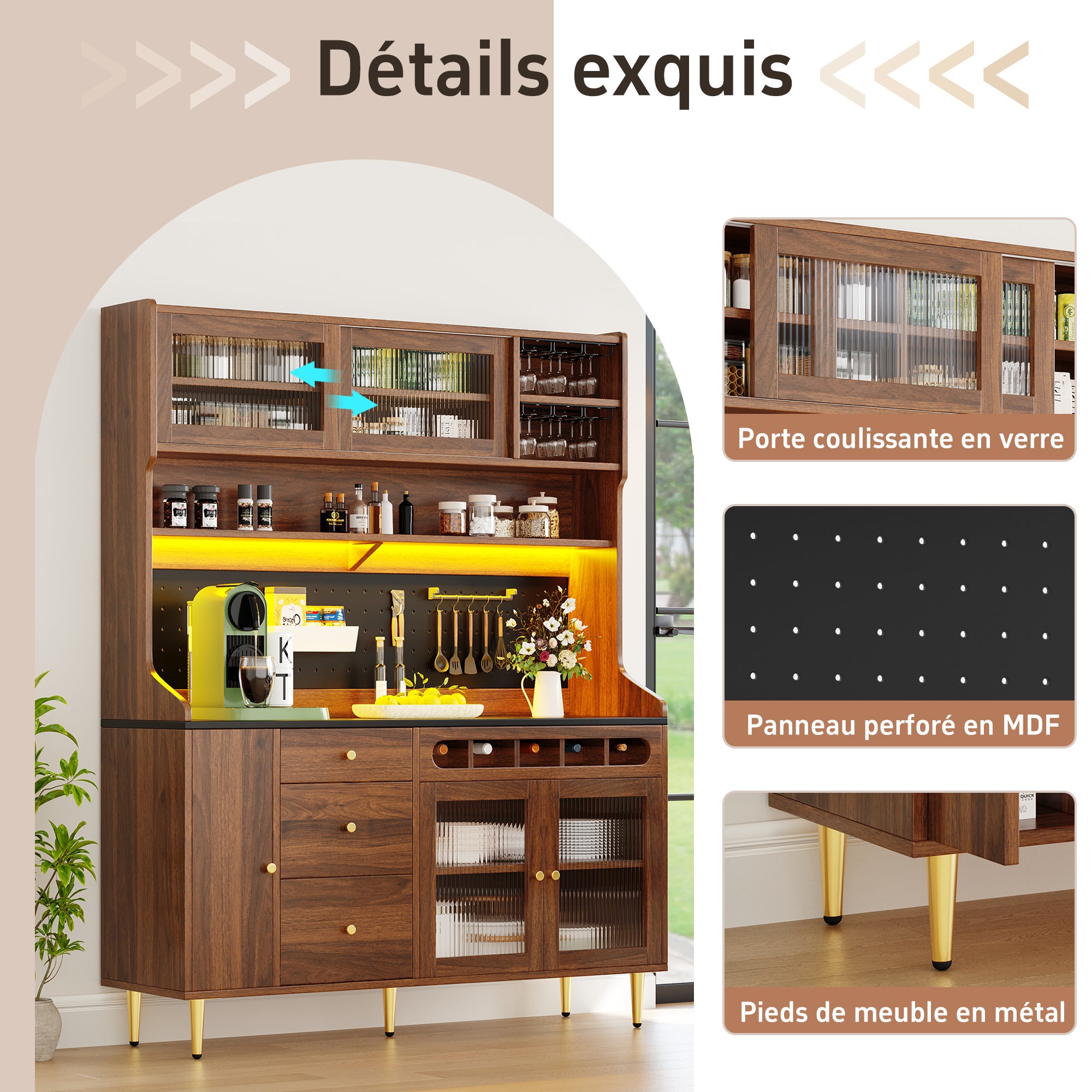 Meuble de cuisine avec étagères réglables145×39×171cm,Buffet de salon avec Lumières LED et casier à vin,3 tiroirs,Convient aux salon et cuisine,Noyer - 8