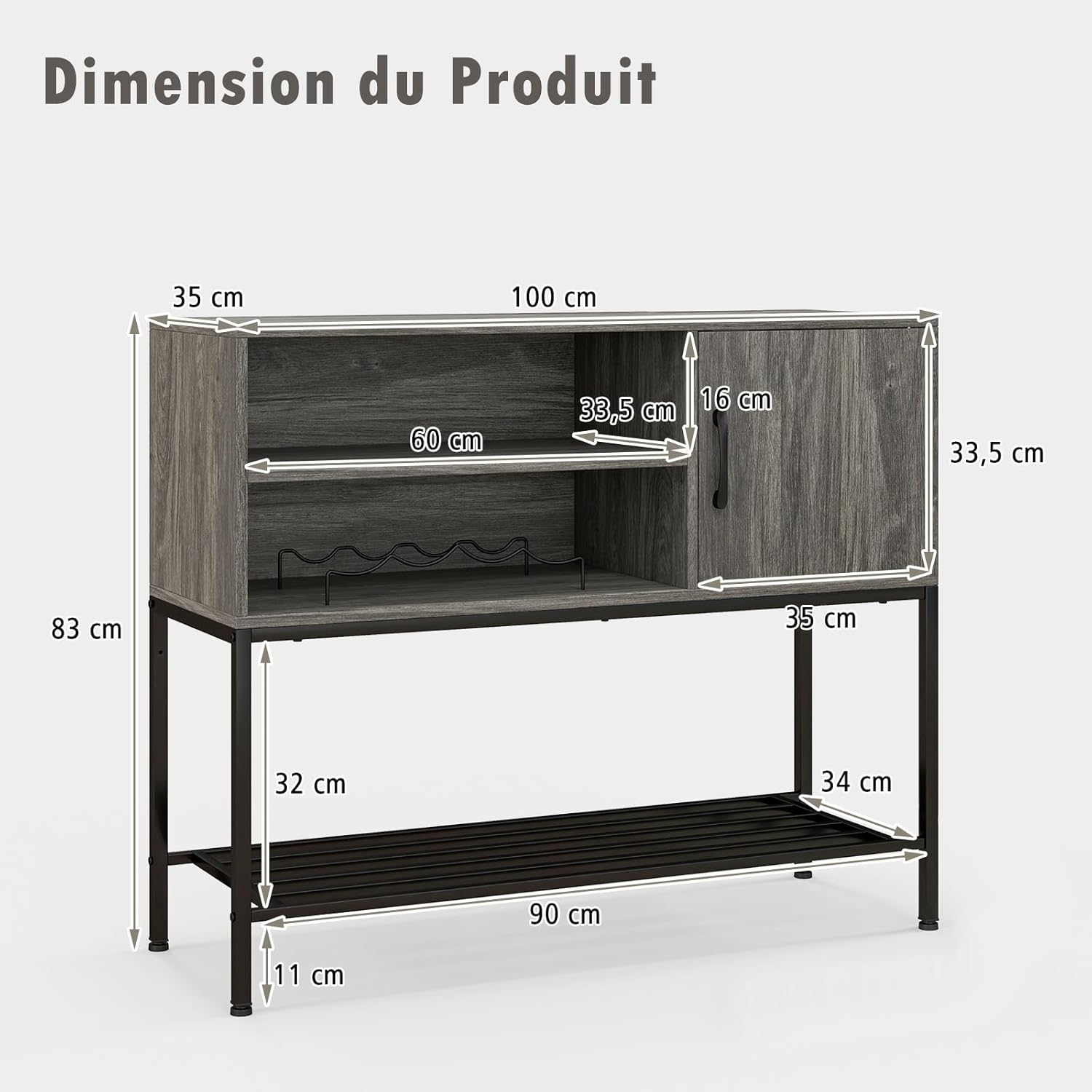 Credenza Buffet da Cucina, Mobile da Cucina con Portabottiglie e Mensole, per Sala da Pranzo, Soggiorno e Ingresso, 100 x 35 x 83 cm (Grigio) - 3