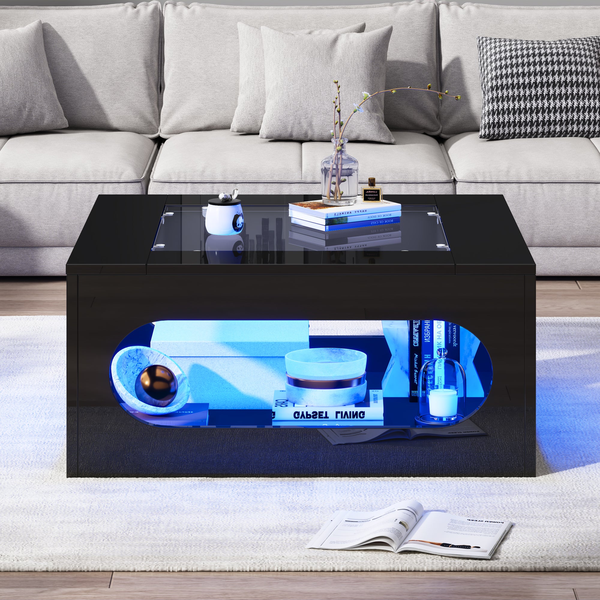 Table Basse LED Carrée 70x70x35 cm Table de Salon Noir avec Hublot de Rangement, Plateau Verre Trempé Brillant, Conception creuse - 2
