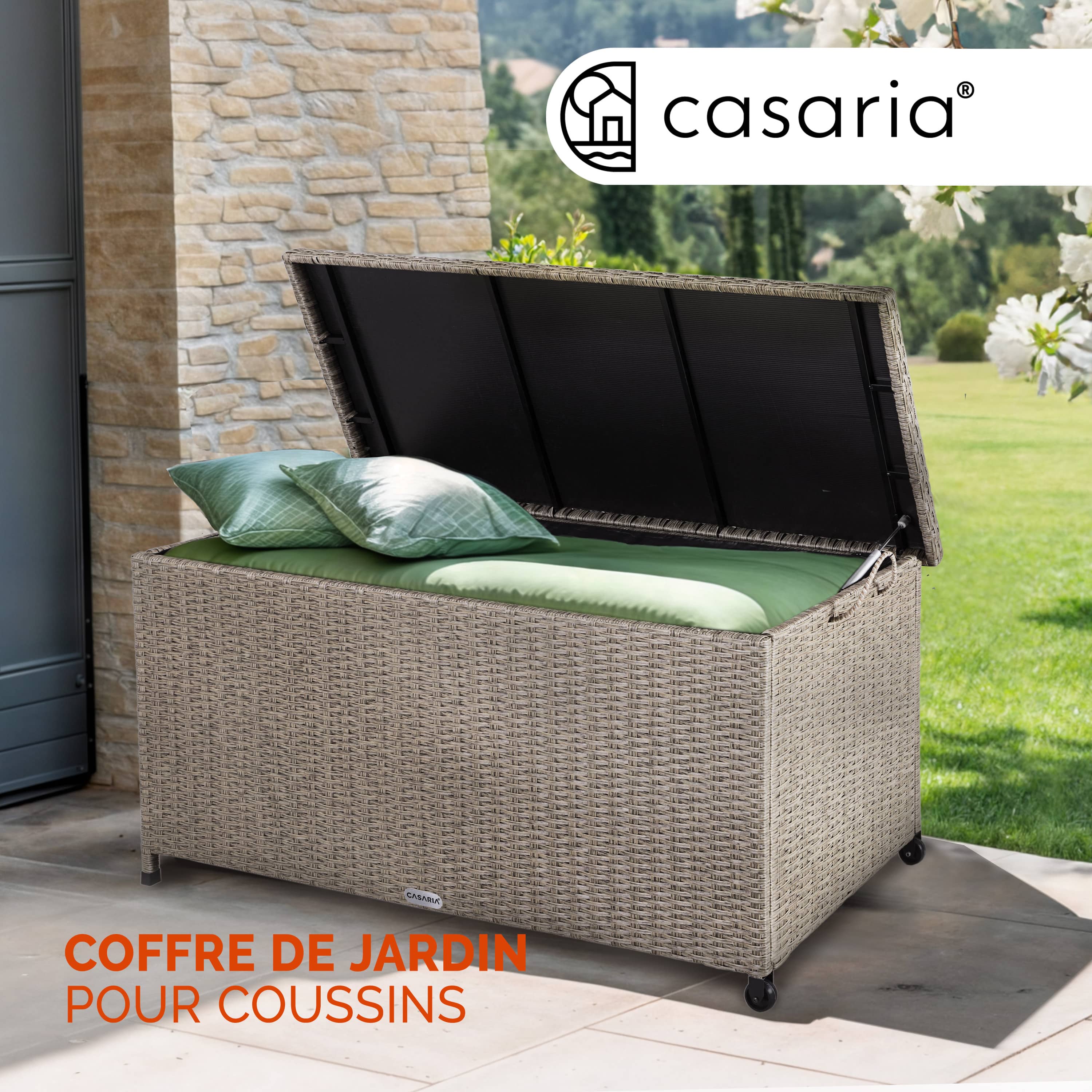 CASARIA® Coffre de jardin extérieur XXL Crème Coffre de rangement avec roulettes 270 L étanche Vérin à gaz 117x53x60 cm pour terrasse ou jardin - 2