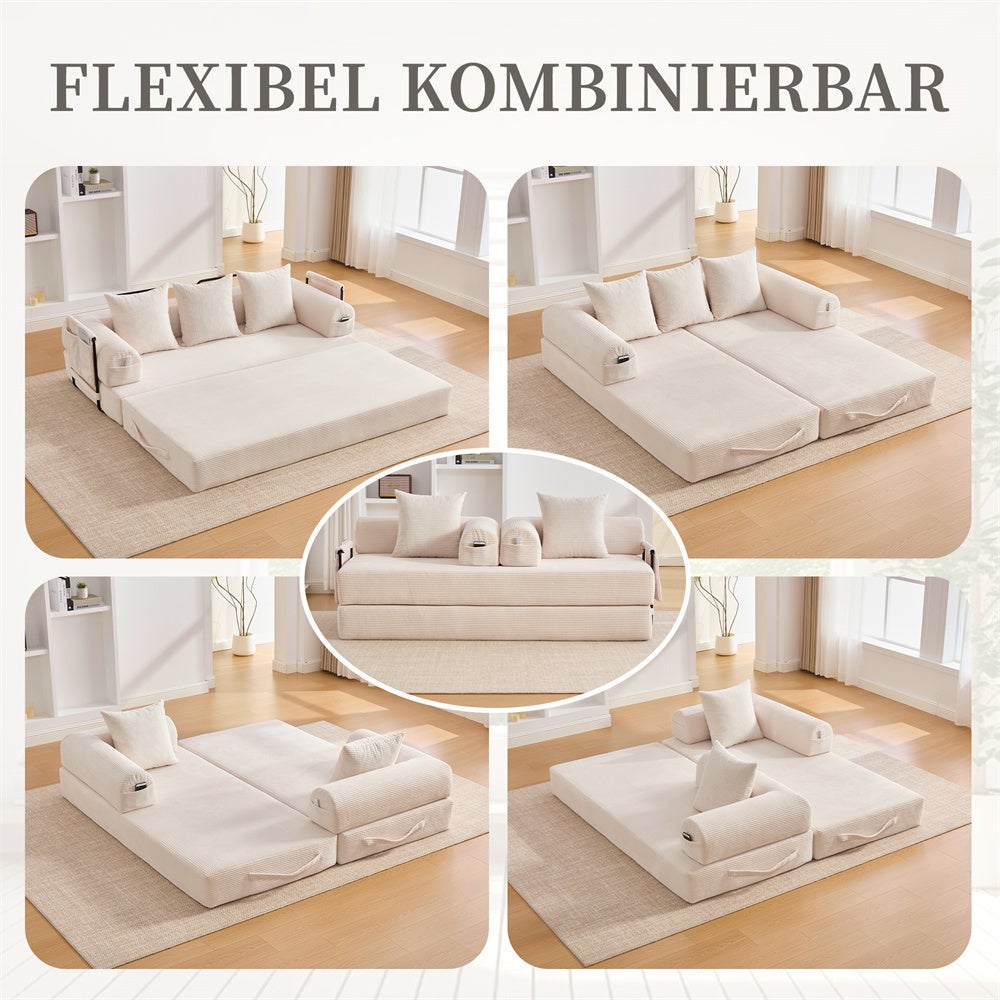 DRIPEX Canapé compressé 4-en-1 Pliable,Canapé modulable 3 places avec structure métallique,poches latérales et 3 coussins,Beige - 4