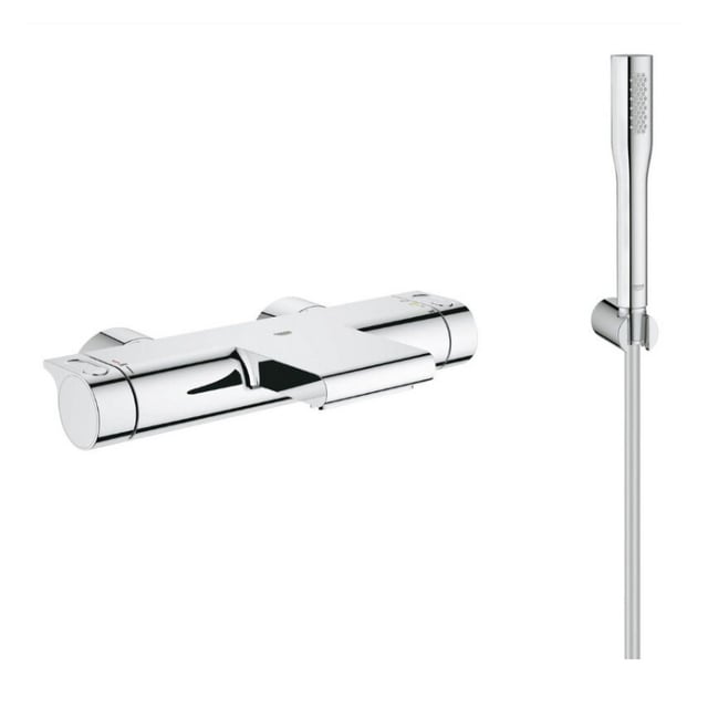 Grohe Grohtherm 2000 Set mitigeur thermostatique bain/douche + Douchette 1 jet + Flexible et support mural, Chrome (34174001-Euphoria)