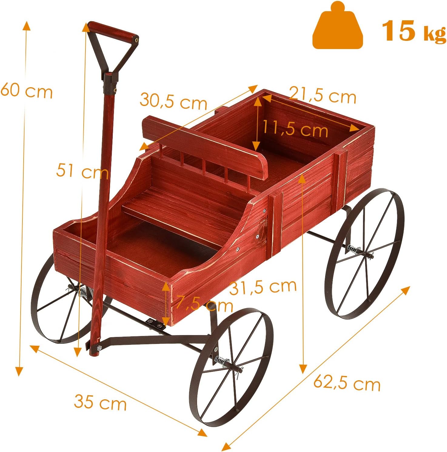 Brouette Décorative en Bois- 35×62,5×60cm- 2 Compartiments à Plantere-Jardinière Forme Brouette Chariot-Jusqu’à 15kg-Rouge - 3