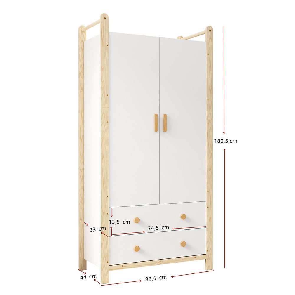 Armoire 2 portes 90x45x180cm, tringle, 2 tiroirs, aggloméré, blanc+pin. - 3