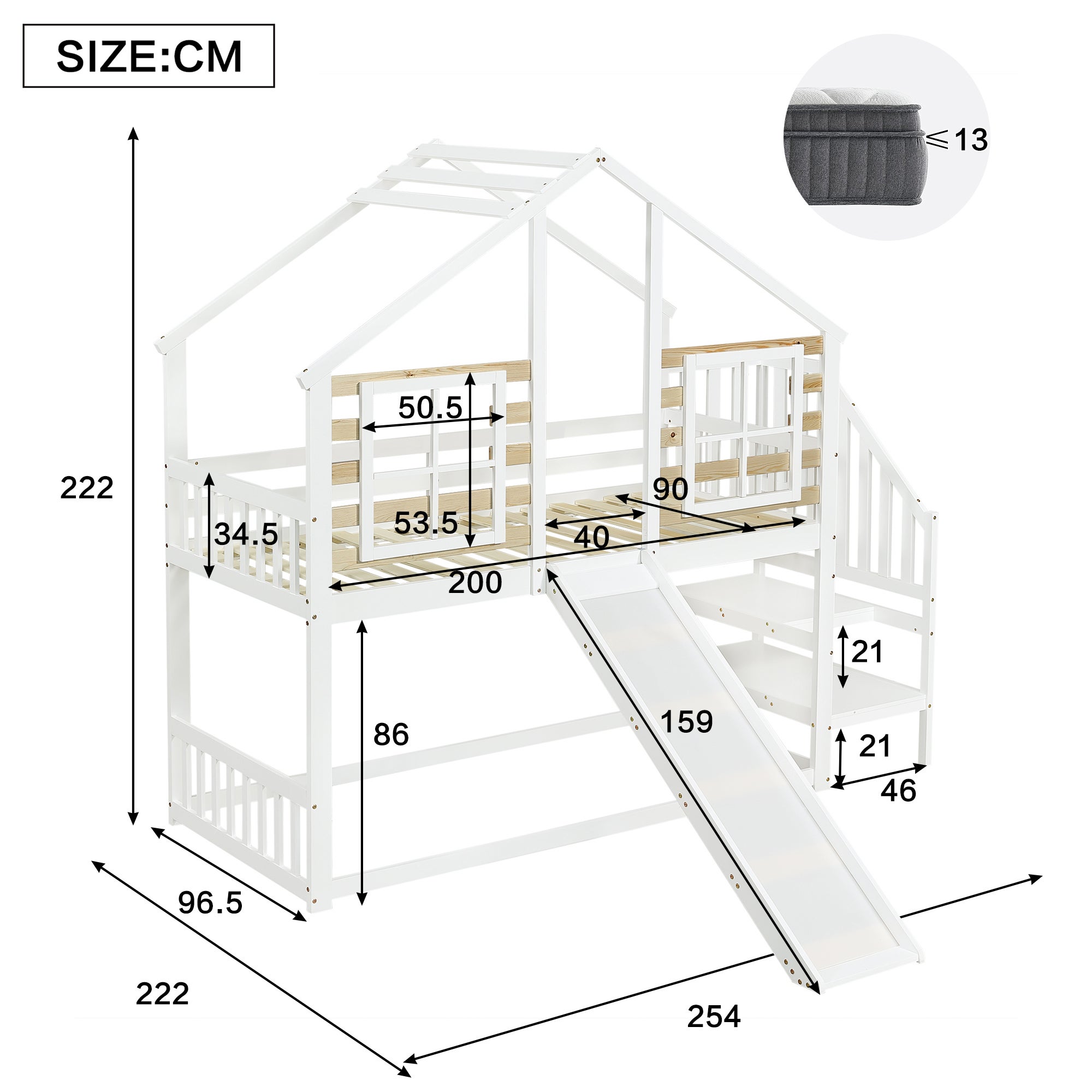 Lit superposés 2 x 90 x 200 cm avec escalier et toboggan - Bois massif et MDF - Blanc (sans matelas) - 6