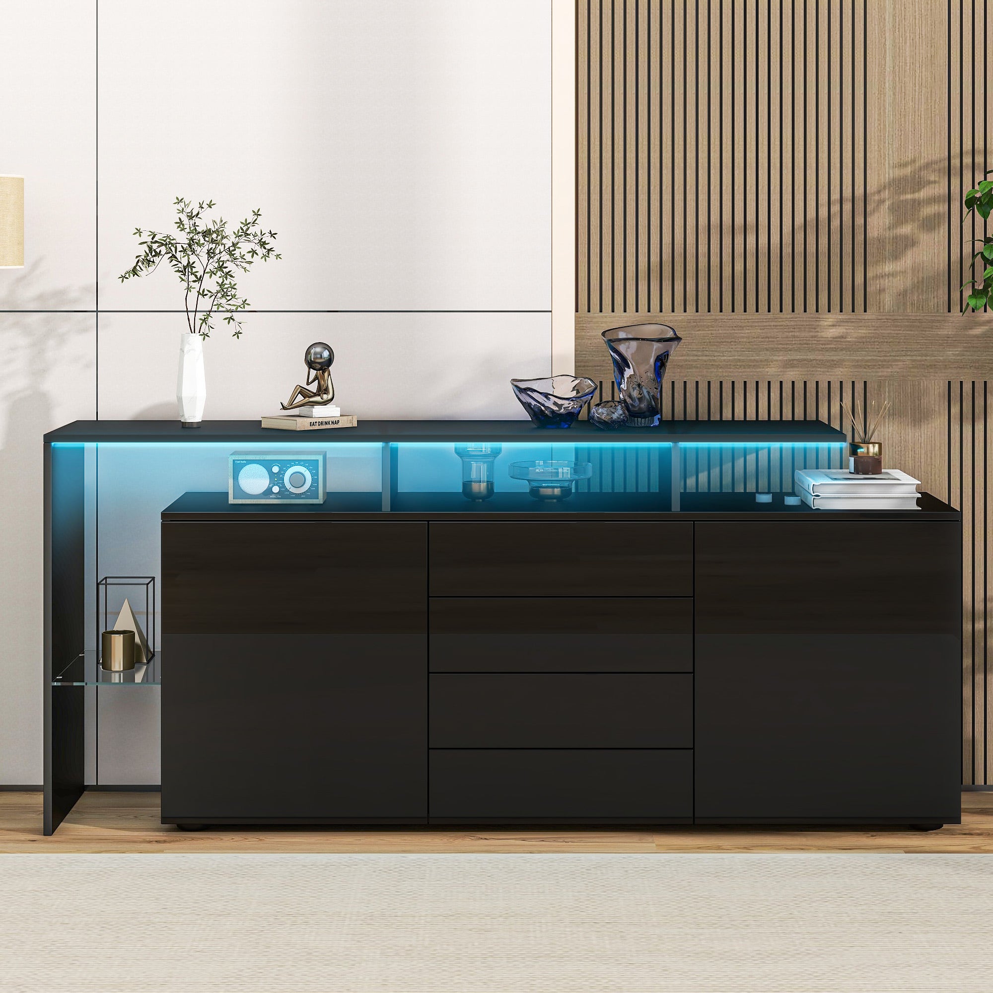 Buffet 160x35x70cm - z oświetleniem LED - 4 szuflady i 2 fronty - Błyszczące wykończenie - Płyty wiórowe - Czarny - 3