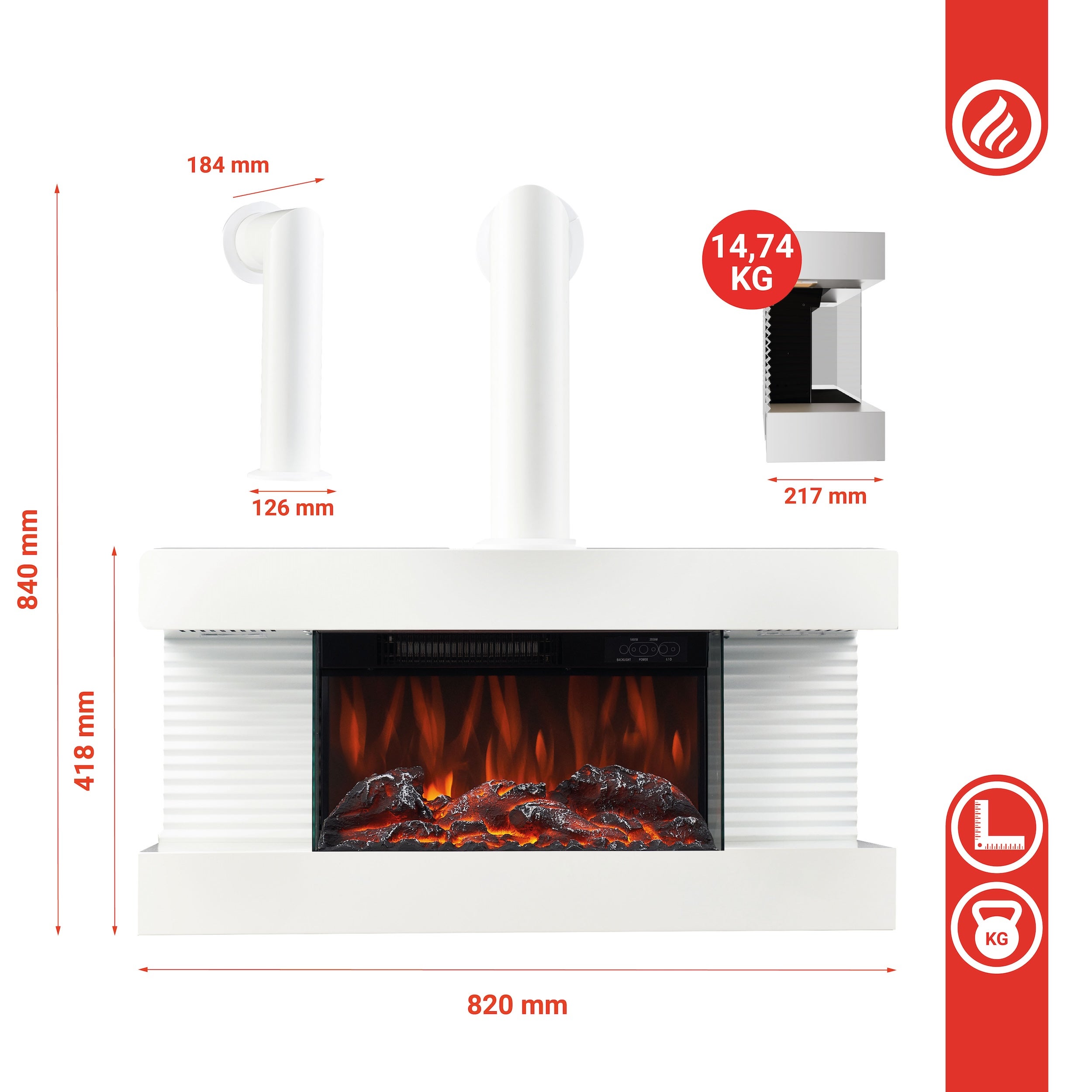 KAMINIO Chimenea eléctrica LIZ con tubo de chimenea - Chimenea de pared con calefacción, llama 3D, luz ambiental, control remoto - Blanco - 7