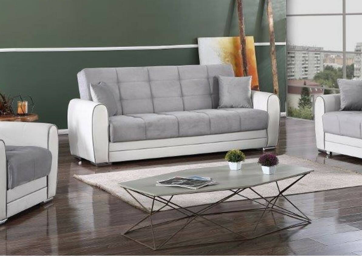 Sofá cama 3 plazas luis, sofá contenedor en ecopiel y tela, sofá de salón con apertura click-clack, 220x84h91 cm, blanco y gris