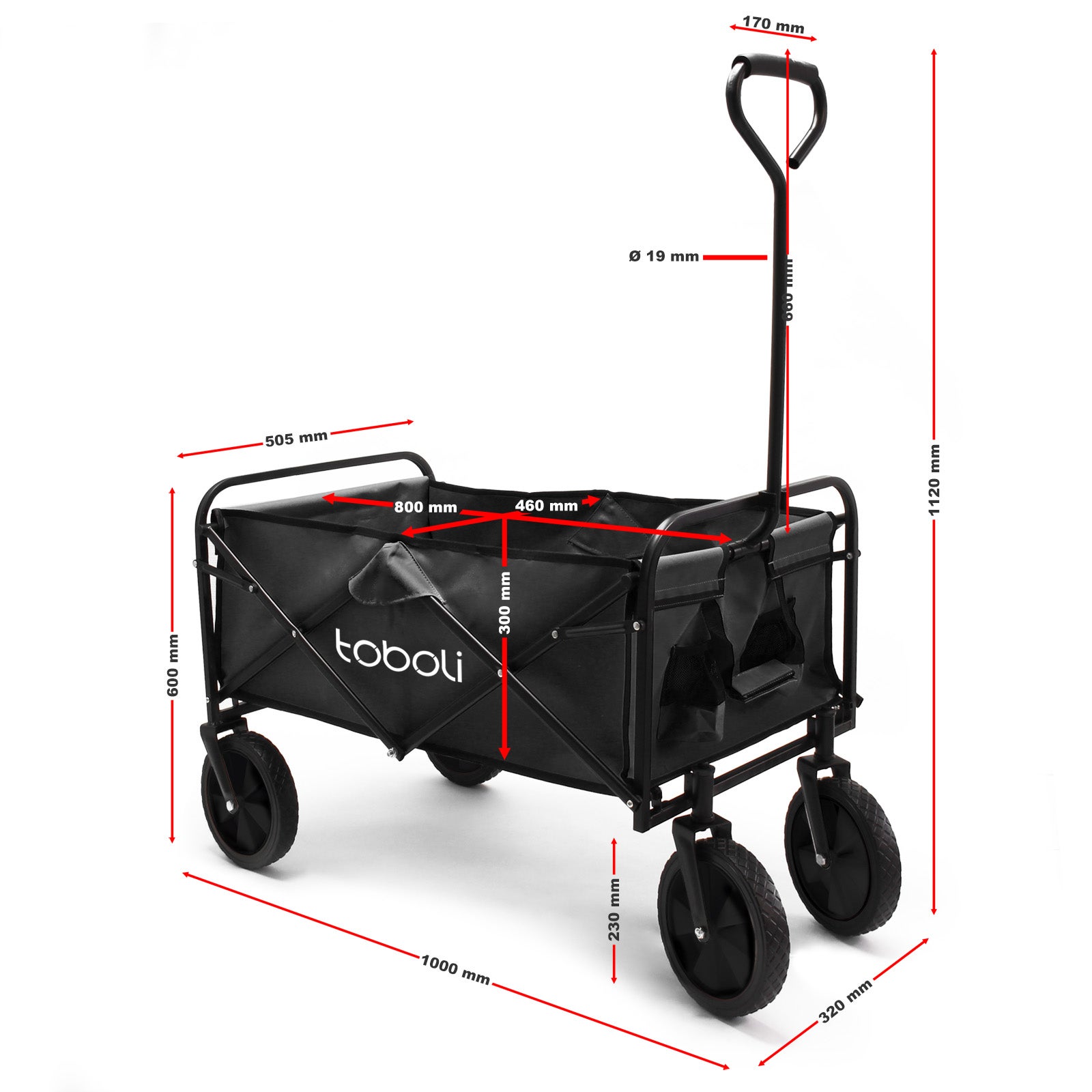 Chariot de transport Enfant Noir Pliable 100 kg avec Roulettes 1020x505x1010 mm Tout-terrain Transport Outils Plage Jardin Excursion… Toboli - 4