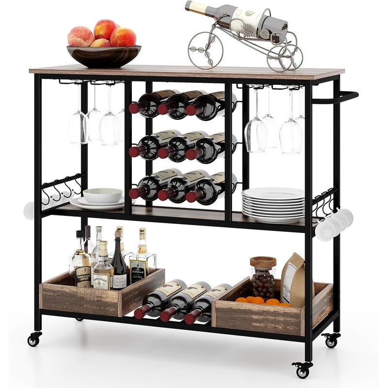 Wózek kuchenny, 3-poziomowy, wózek do serwowania z rolkami, uchwyt na szkło,wózek przemysłowy do kuchni, 107,5 x 40 x 91,5 cm (szary)