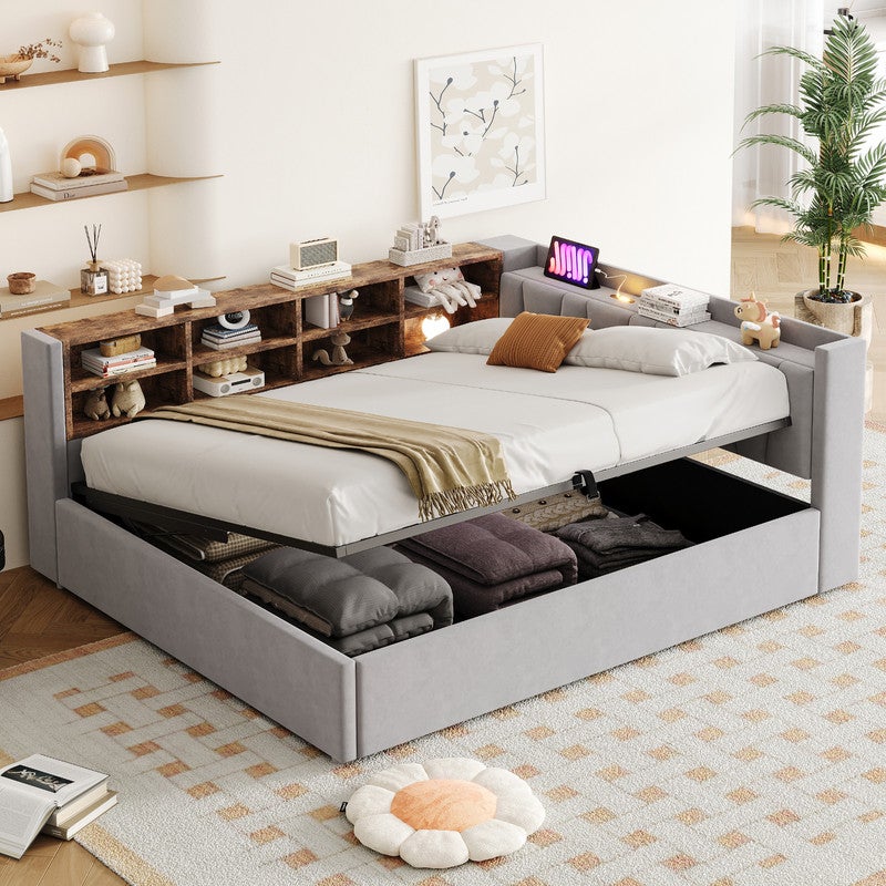 Tapicerowana sofa rozkładana 140 x 200 cm - z oświetleniem LED - z portami ładowania USB + Type-C - jasnoszara (materac nie jest wliczony w cenę)