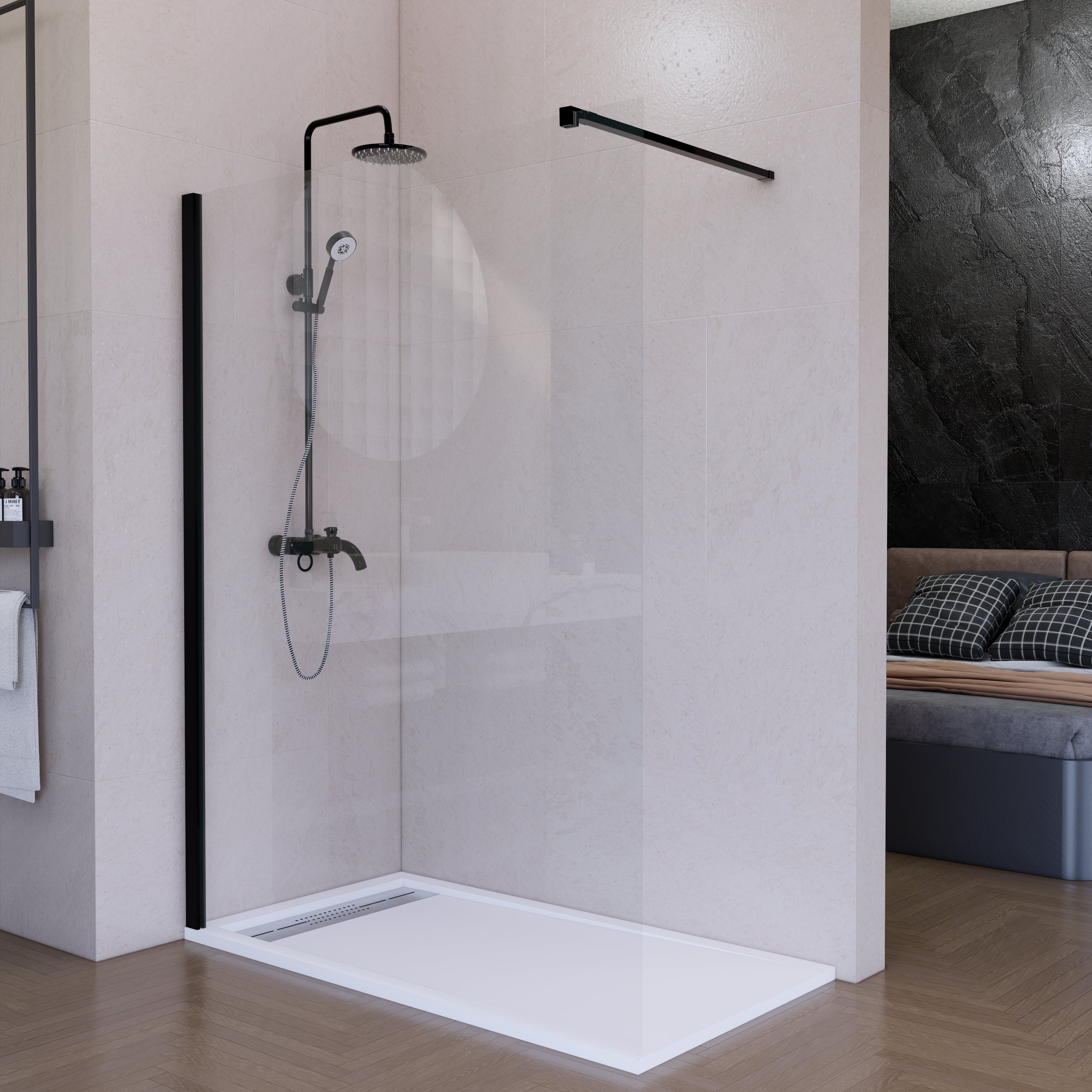 Mampara de ducha fija 90 cm transparente negro mate antical 8mm 200 cm alto - 4