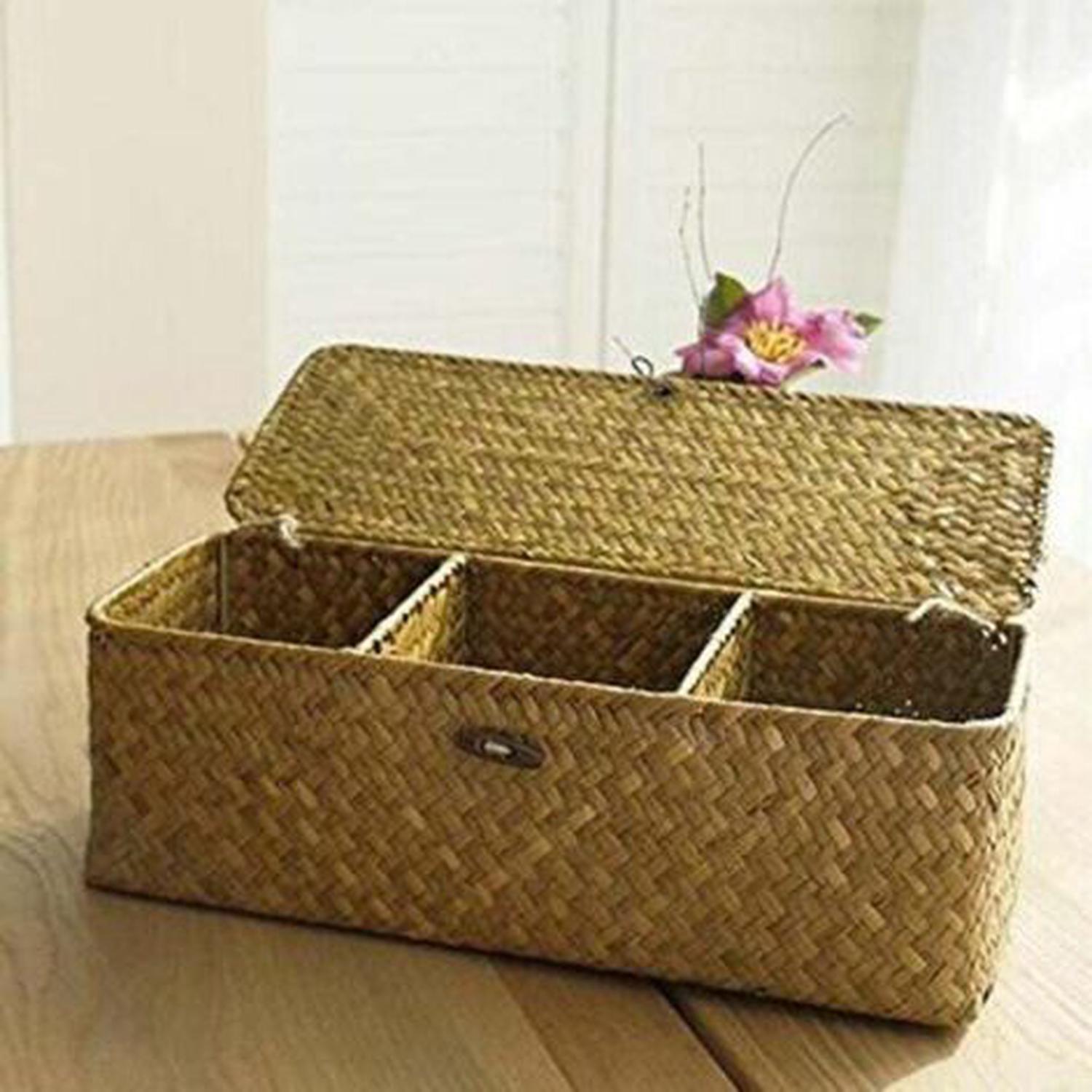 Panier de Rangement avec Couvercle Rectangulaire Coffre en Osier avec Compartiments Organisable Papier Toilette Snack Jouets - 4
