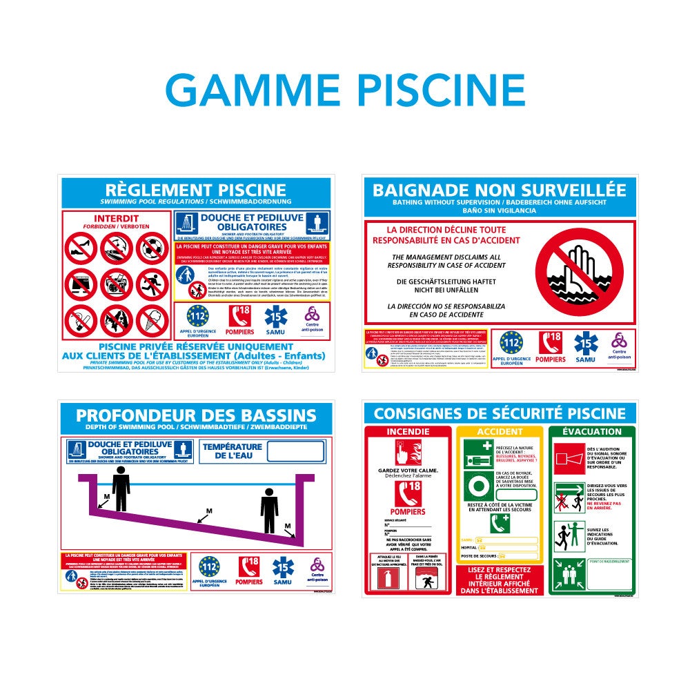 Panneau Profondeurs des bassins, signalétique piscine 300 x 210 mm Adhésif - Bricolage