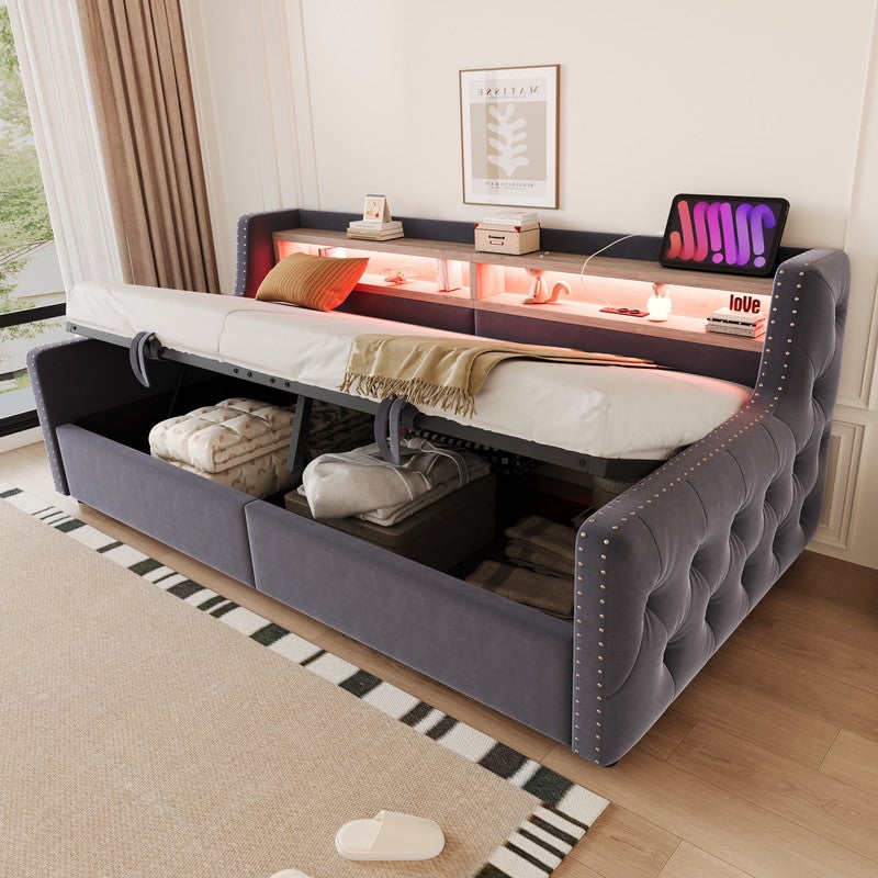 Sofa tapicerowana z funkcją spania 90 x 200 cm - z oświetleniem LED - schowki - gniazdko elektryczne + port ładowania - ciemnoszara