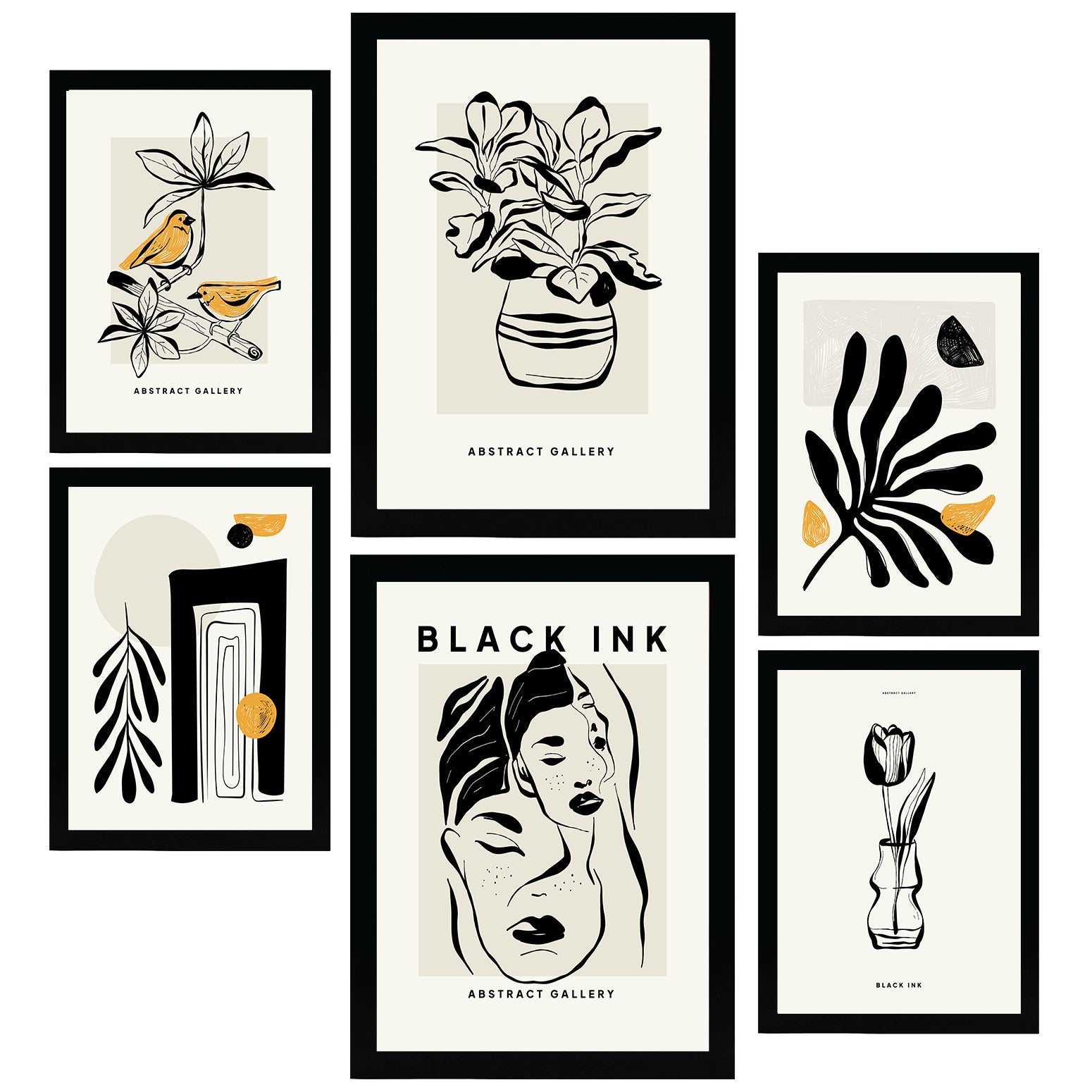 Nacnic set de 6 posters en tinta negra oriental láminas artísticas y abstractas para el diseño y decoración de interiores tamaños a3 & a4, sin marcos