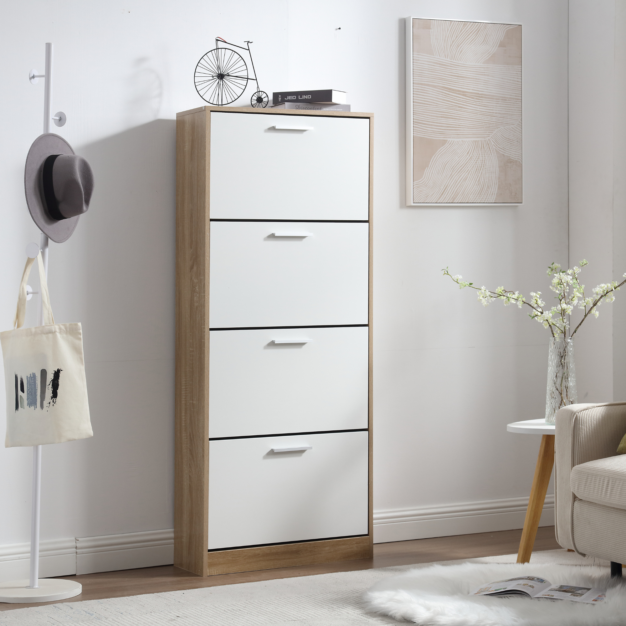 Meuble à chaussures peu encombrant à 4 portes doubles et étagères, 63 x 24 x 155 cm, en bois, pour entrée, blanc et chêne - ZIK - 7