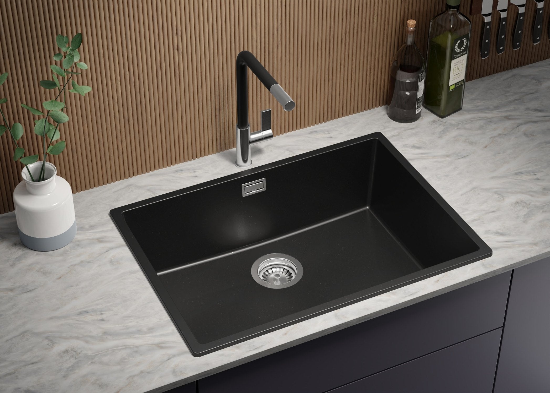 Evier Cuisine en Granit Noir Métallisé 66x47cm, Lavabo 1 bac + Kit de Vidage, Évier à Encastrer au meuble 70cm - London Slim PRIMAGRAN - 2