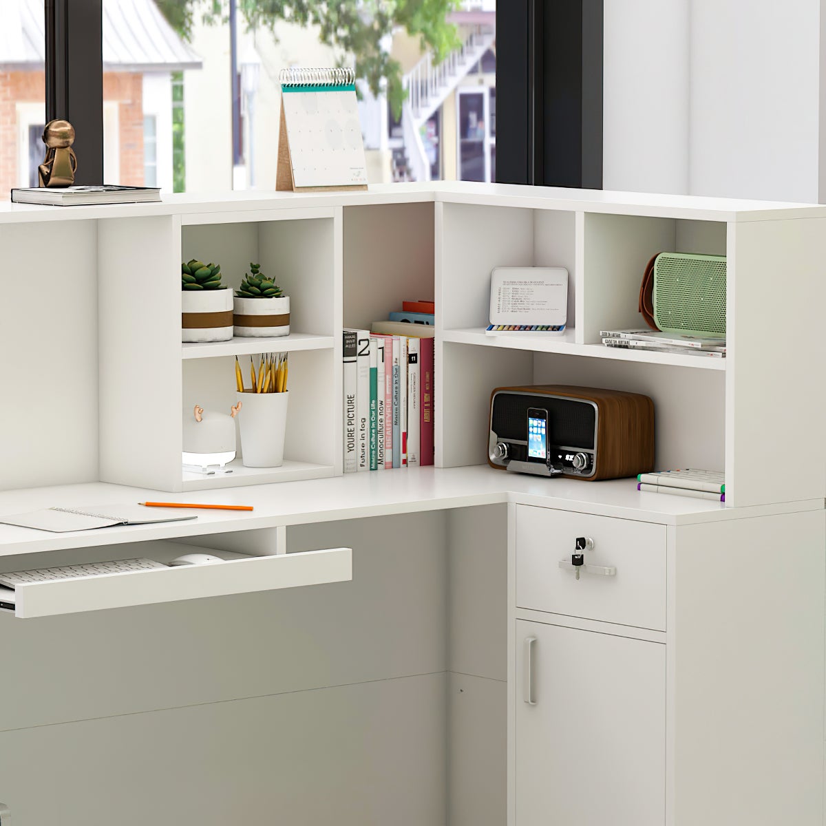 Comptoirs de réception avec compartiments ouverts étagères Tiroir verrouillable Salon Bureau Blanc 142x82x123cm - 4