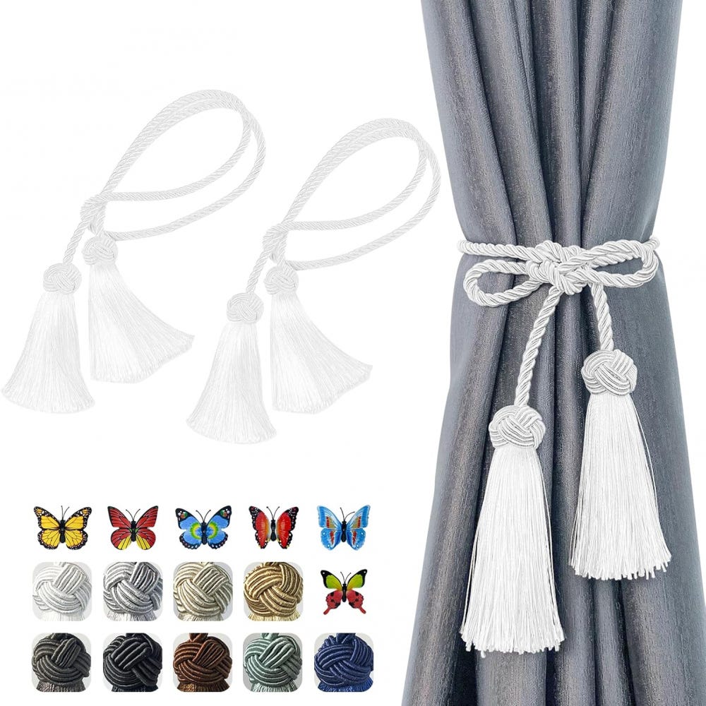 Fermatenda Boho Fatti A Mano In Corda Con Perline Regolabili - Confezione Da 2, Colore Grigio Per Tende E Arredamento