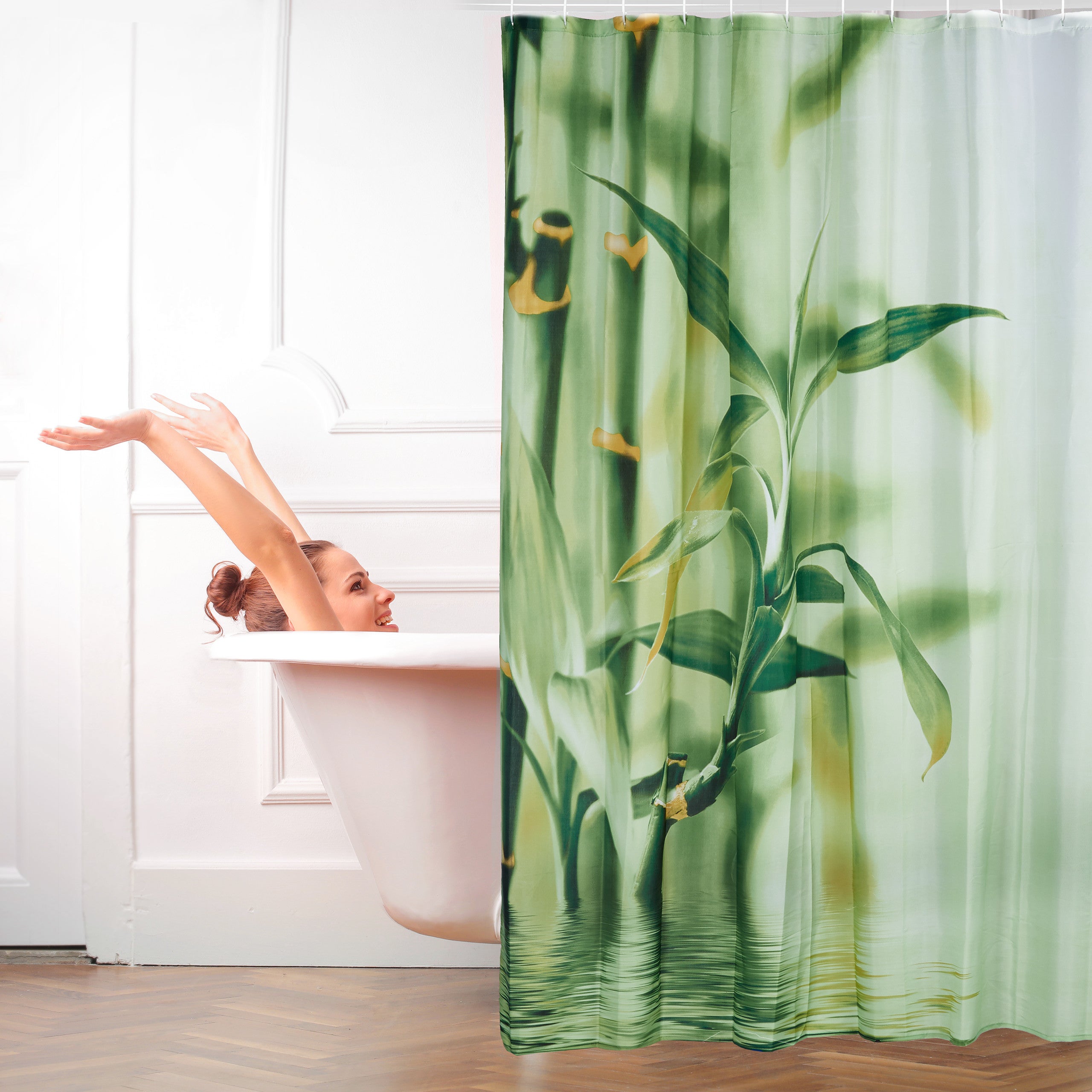 Relaxdays Tenda Per Doccia Con Stampa Bambù - 200x180 Cm, In Poliestere, Idrorepellente, Antimuffa, Con 12 Ganci Inclusi, Verde