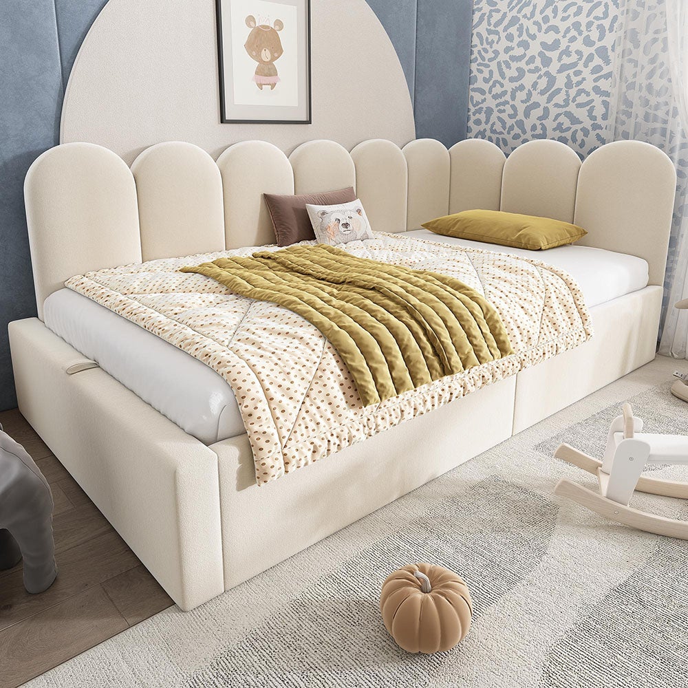 Lit Coffre 90x200 Avec LED Et Rangements - Pour Enfant/ado, Sommier à Lattes, Réglable, Couleur Beige
