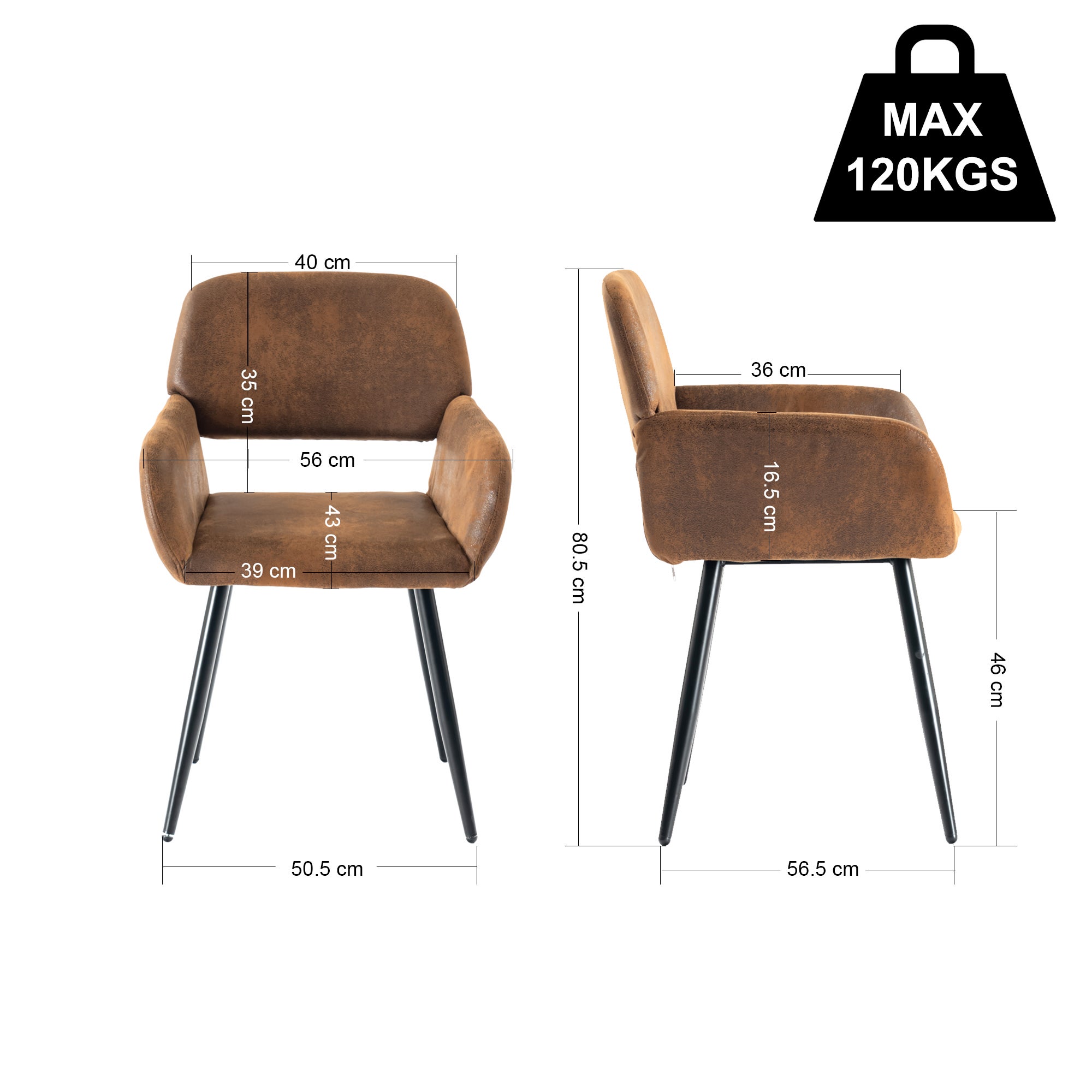 Lot de 2 Chaises de Salle à Manger avec Accoudoirs, Revêtement Effet Daim Marron Vintage, Pieds en Métal Noir, Confort et Élégance - 9