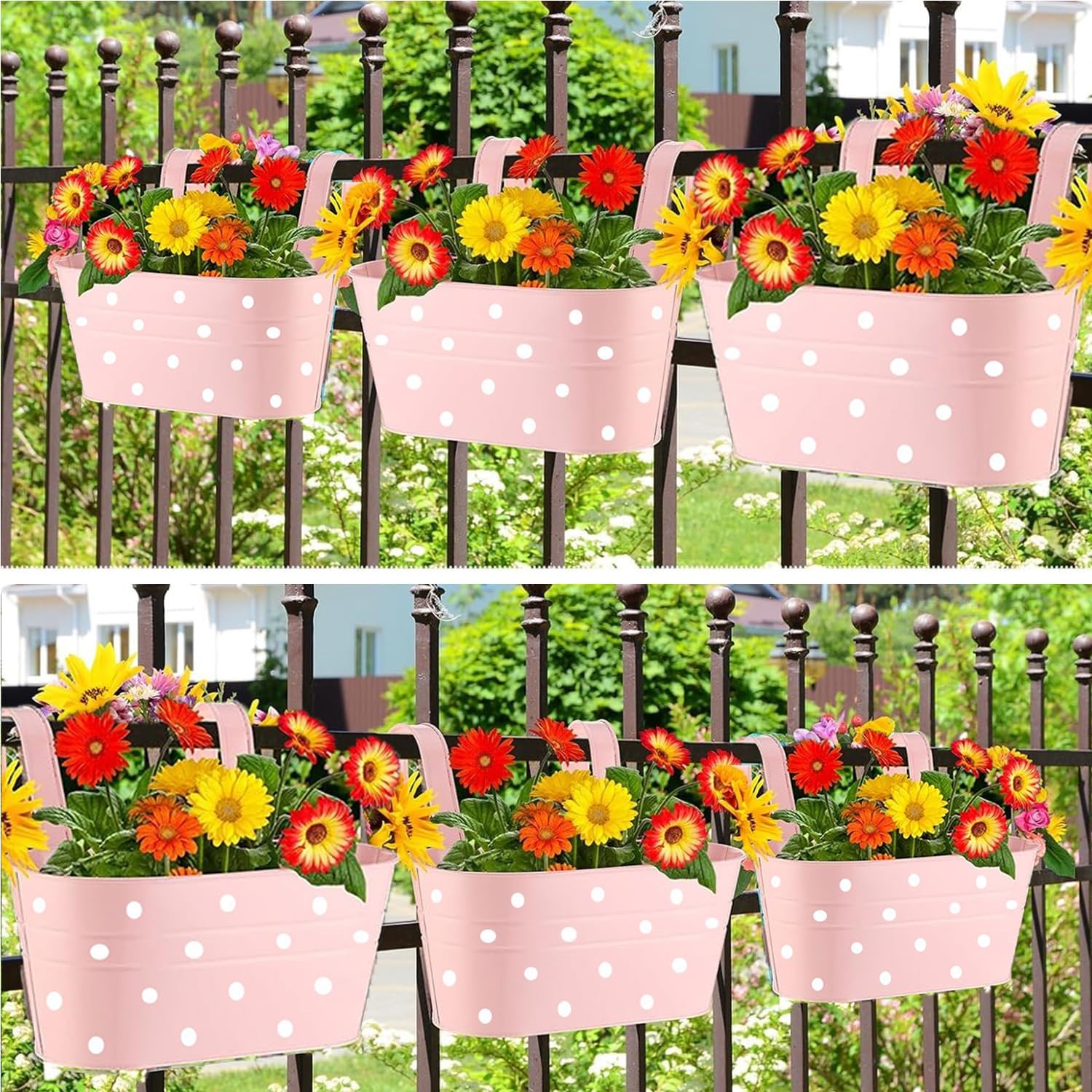 Lot de 4 pots de fleurs suspendus en métal avec trou de drainage - Avec double crochet amovible -Pour décoration de jardin et balcon -rose - 2