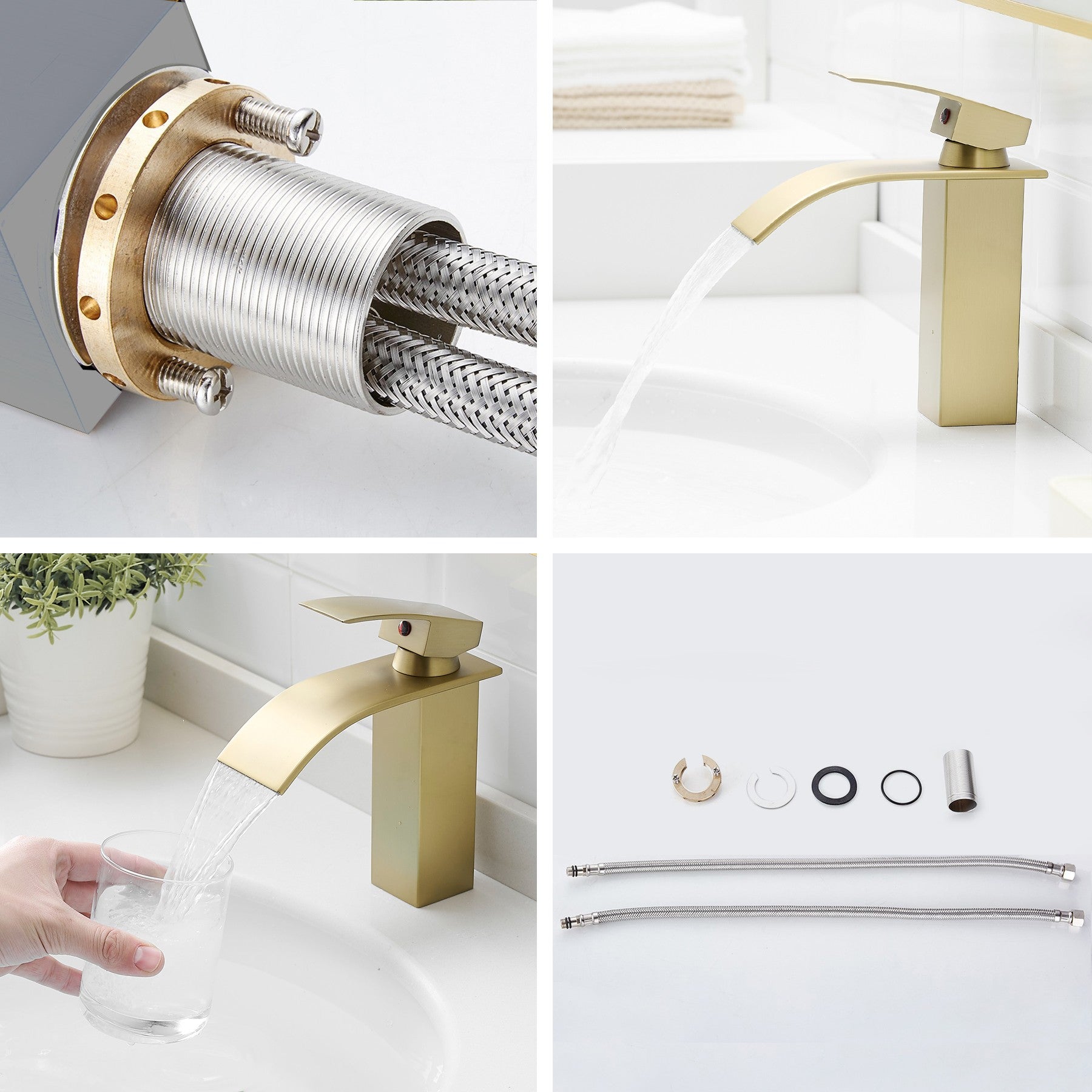 TIBRE Robinet mitigeur bec plat en cascade or brossé - salle de bain - 4