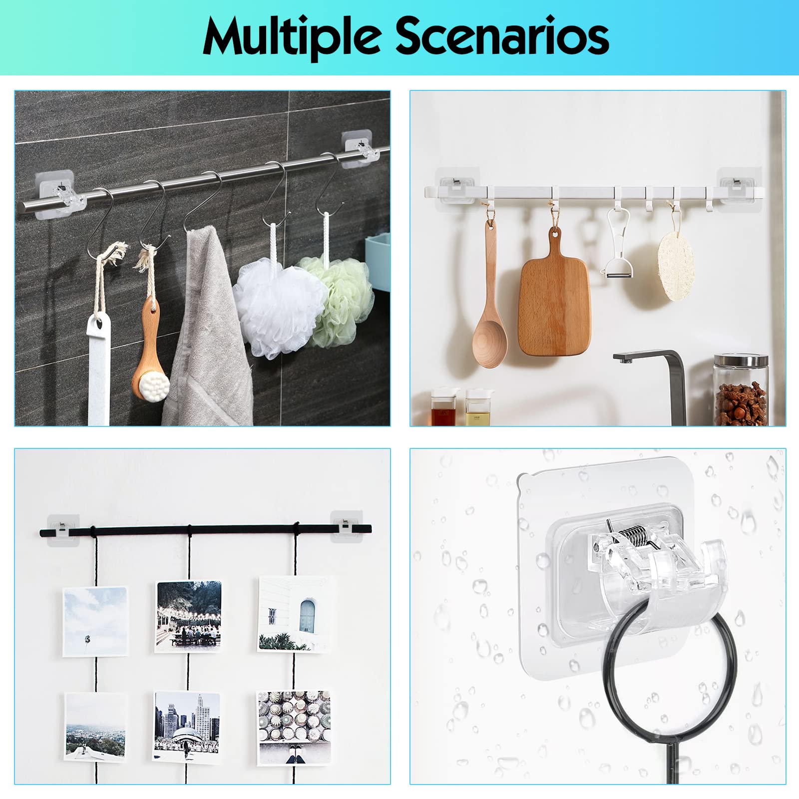 Embalagem com 4 ganchos autocolantes para cortinas, suportes para varões de cortinas sem necessidade de furação para janelas e cozinha - 7