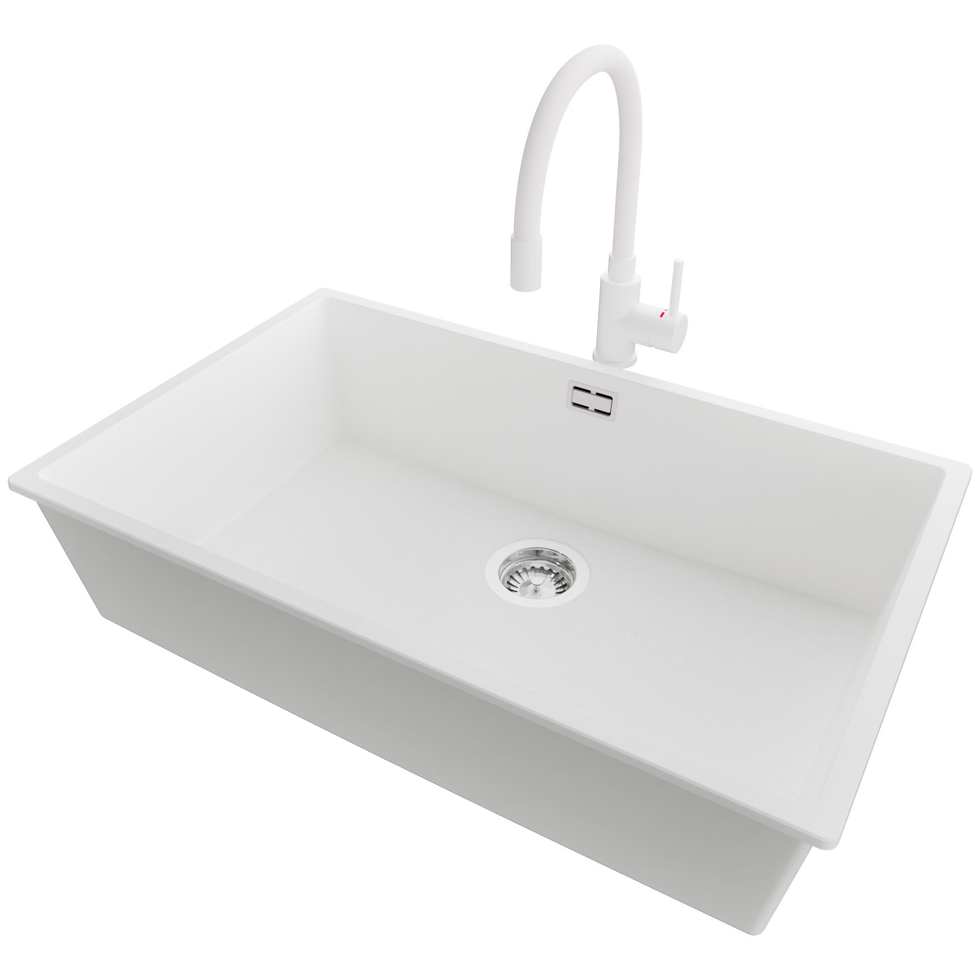 Zlewozmywak Granitowy Biały 76x47cm, Zlew Kuchenny 1 Komorowy + Bateria 38x14cm + Syfon, Nablatowy do szafki od 80cm - Londyn Slim PRIMAGRAN