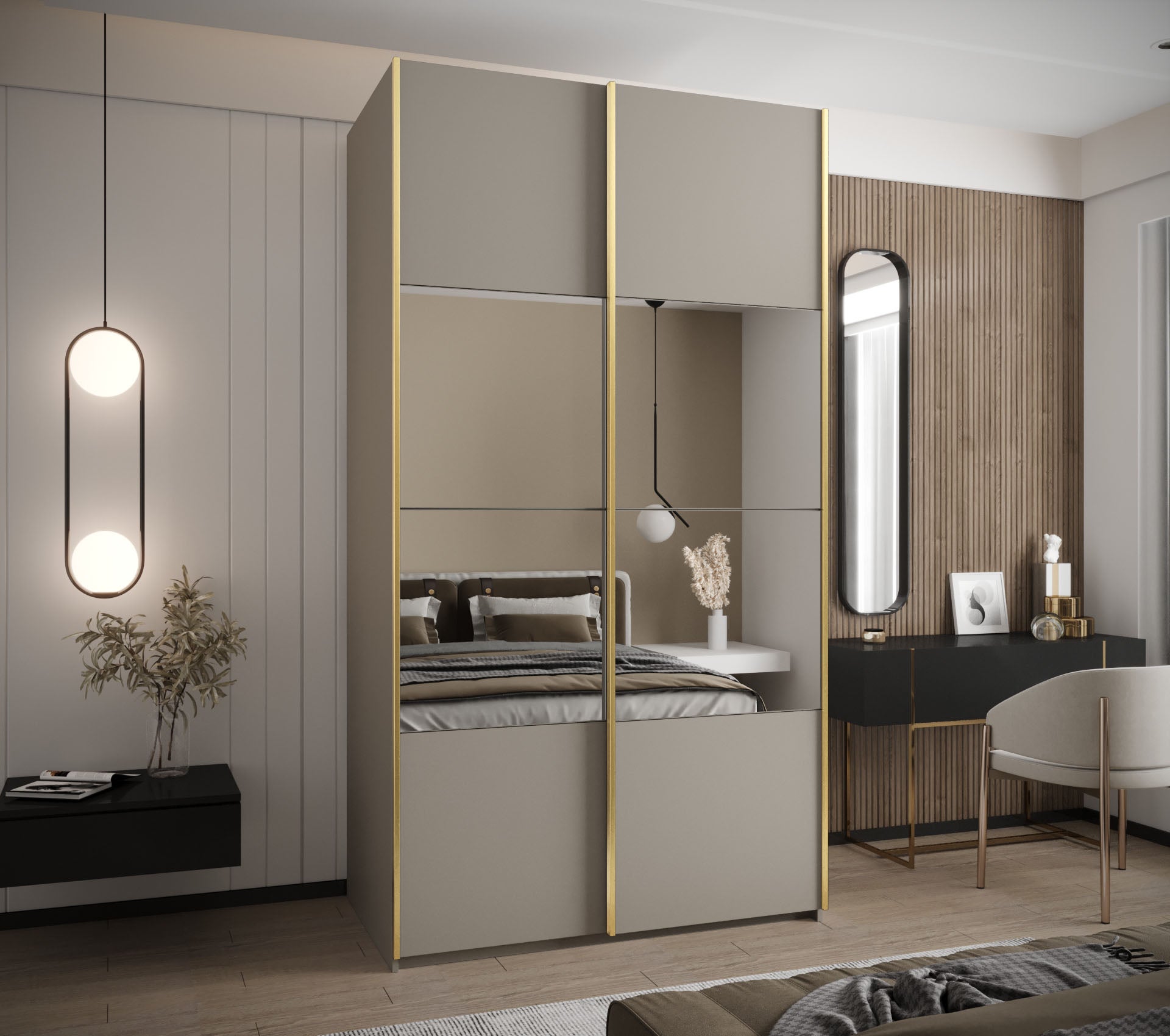 Szafa przesuwna wysoka Lux 4 140 x 64 x 245,5 cm kaszmir + kaszmir + u. złoty - Abiks Meble - 2