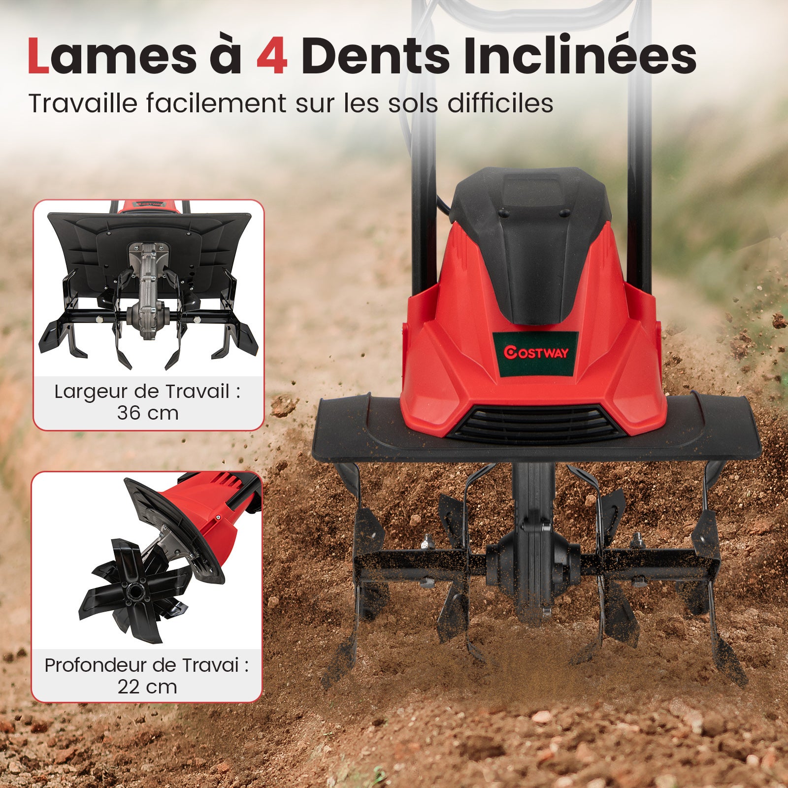 Motozappa Elettrica a Filo, Zappatrice da Giardino con Manico Ergonomico e Motore Forte, Motocoltivatore Pieghevole per Scavare Terreno del Prato (36, - 6