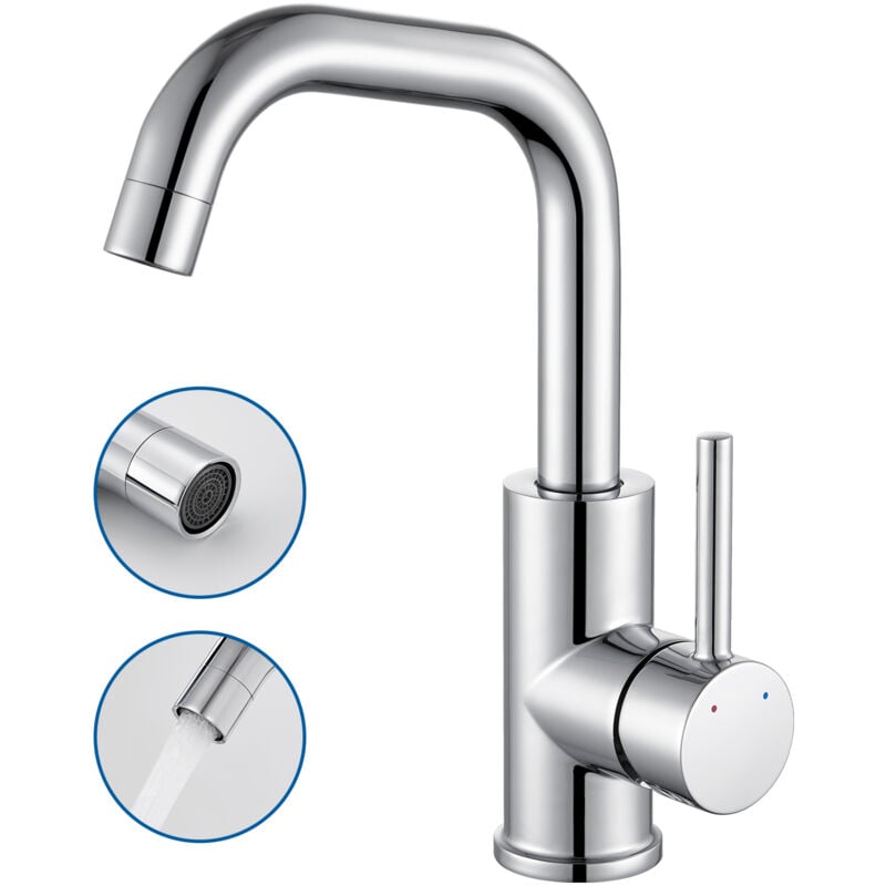 Wysoka bateria umywalkowa obracana o 360°, bateria umywalkowa łazienkowa, bateria mieszająca do umywalki z chromowanego mosiądzu do łazienki i kuchni