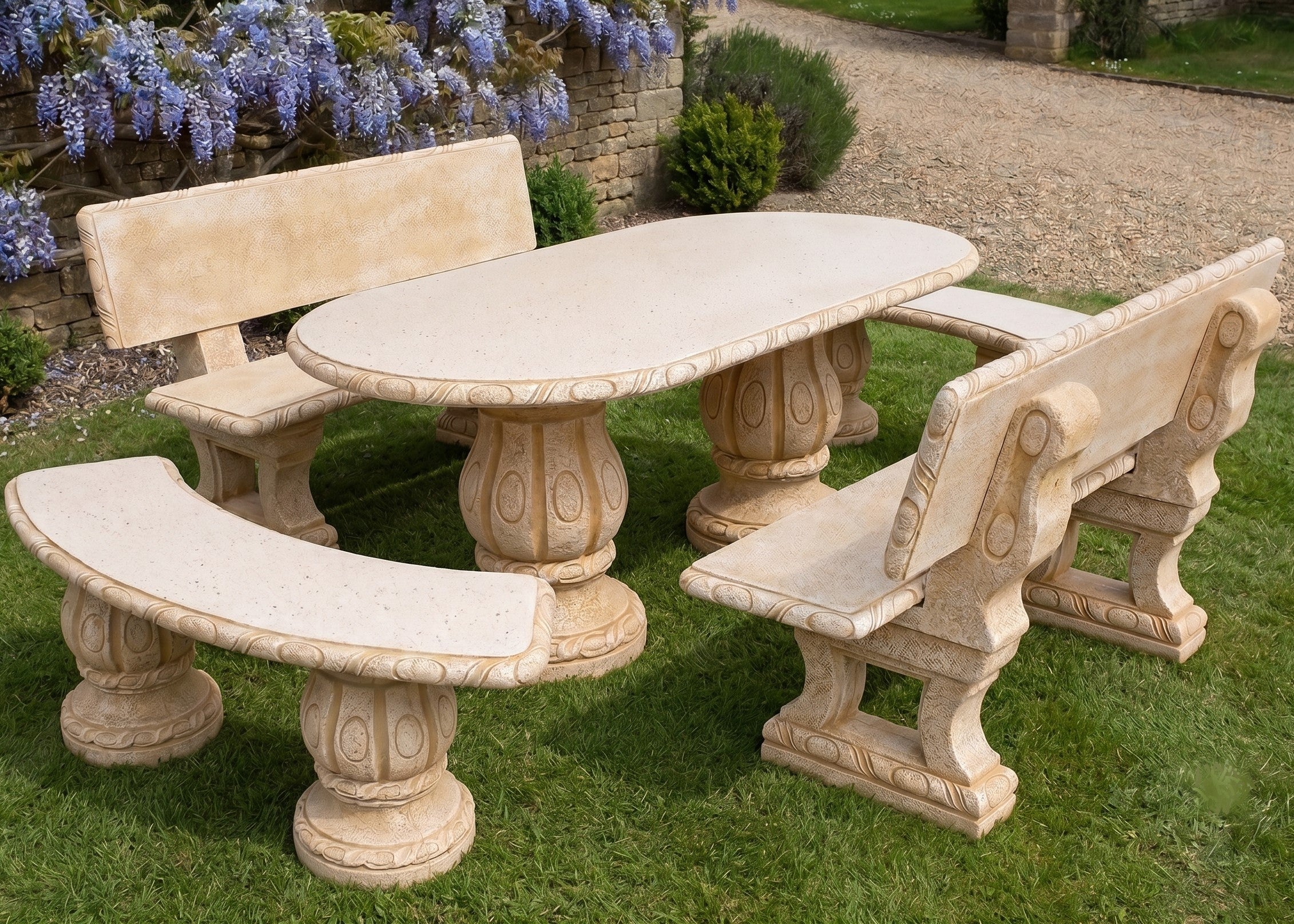 Comedor de Jardín Mesa Oval y Bancos en Hormigón Piedra 194x93cm. AZALEA con dos Respaldos - 7