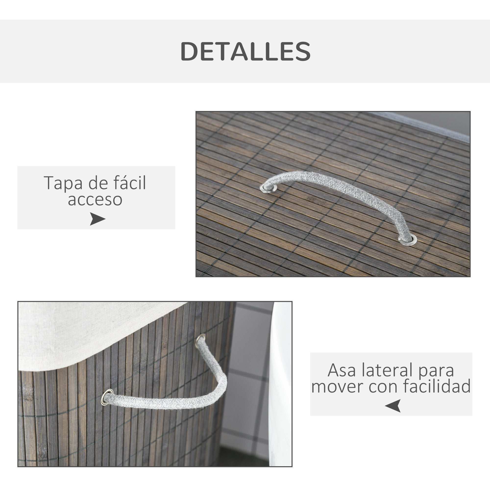 Panier linge bambou capacité 100 L, couvercle amovible, sac 2 compartiments, 52x32x63 cm, gris - 9