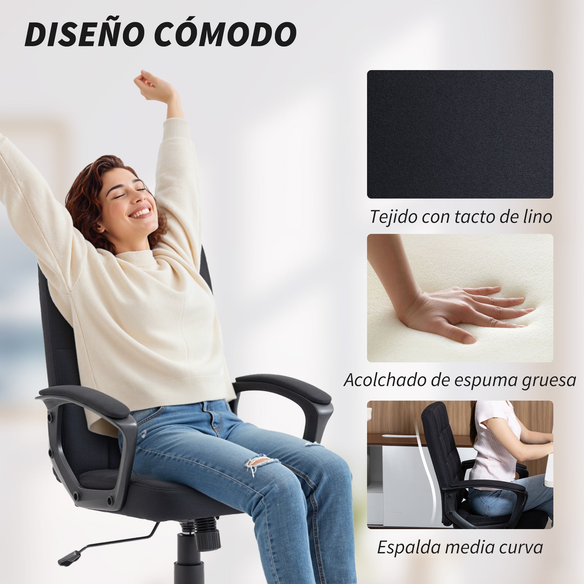 Fauteuil de bureau pivotant revêtu de lin synthétique, réglable en hauteur et en inclinaison, dossier mi-haut, accoudoirs, noir - 6