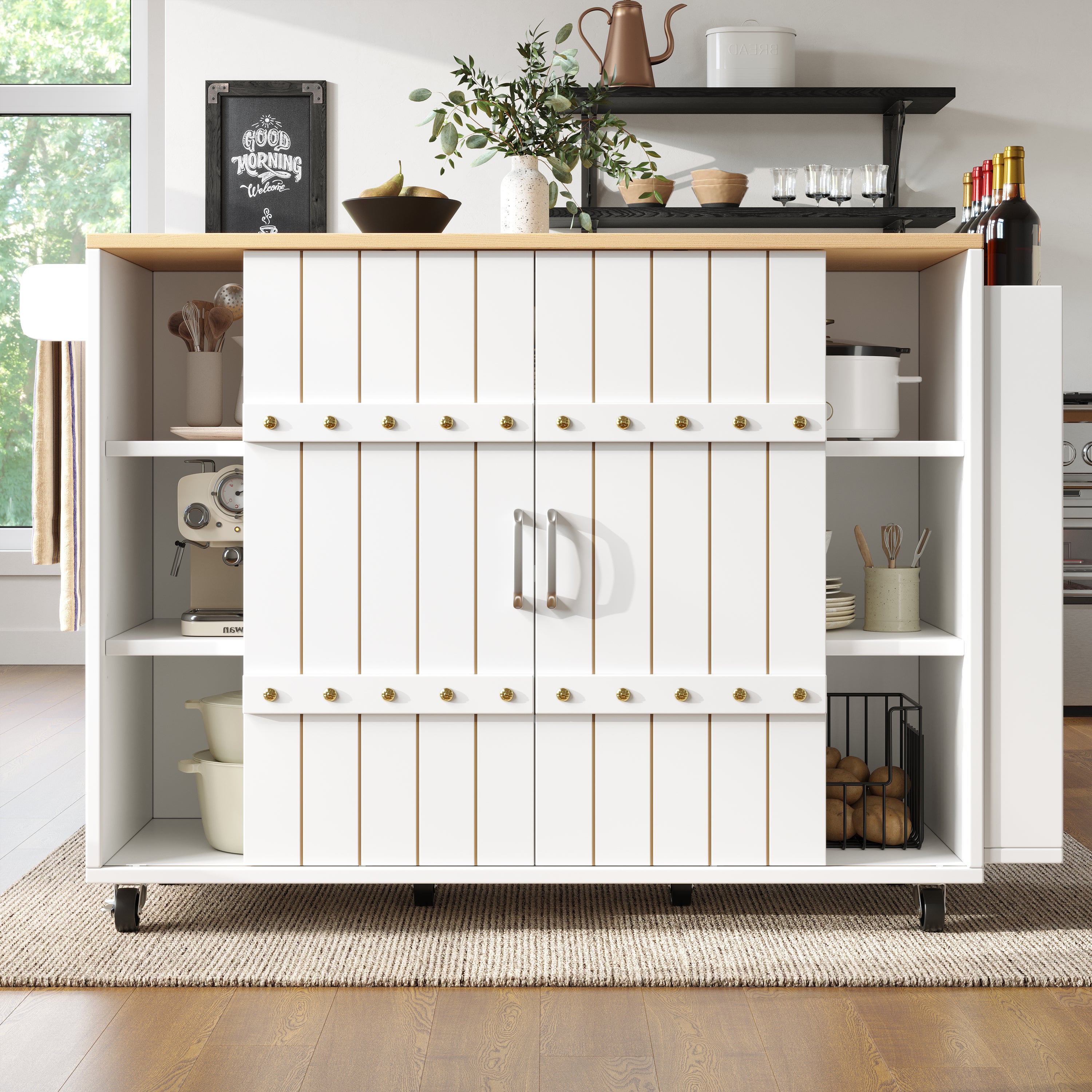 Buffet cuisine avec plan de travail, Chariot à roulettes avec tiroirs, Desserte cuisine avec étagère à épices et porte serviettes,Blanc 110x42x90cm - 3