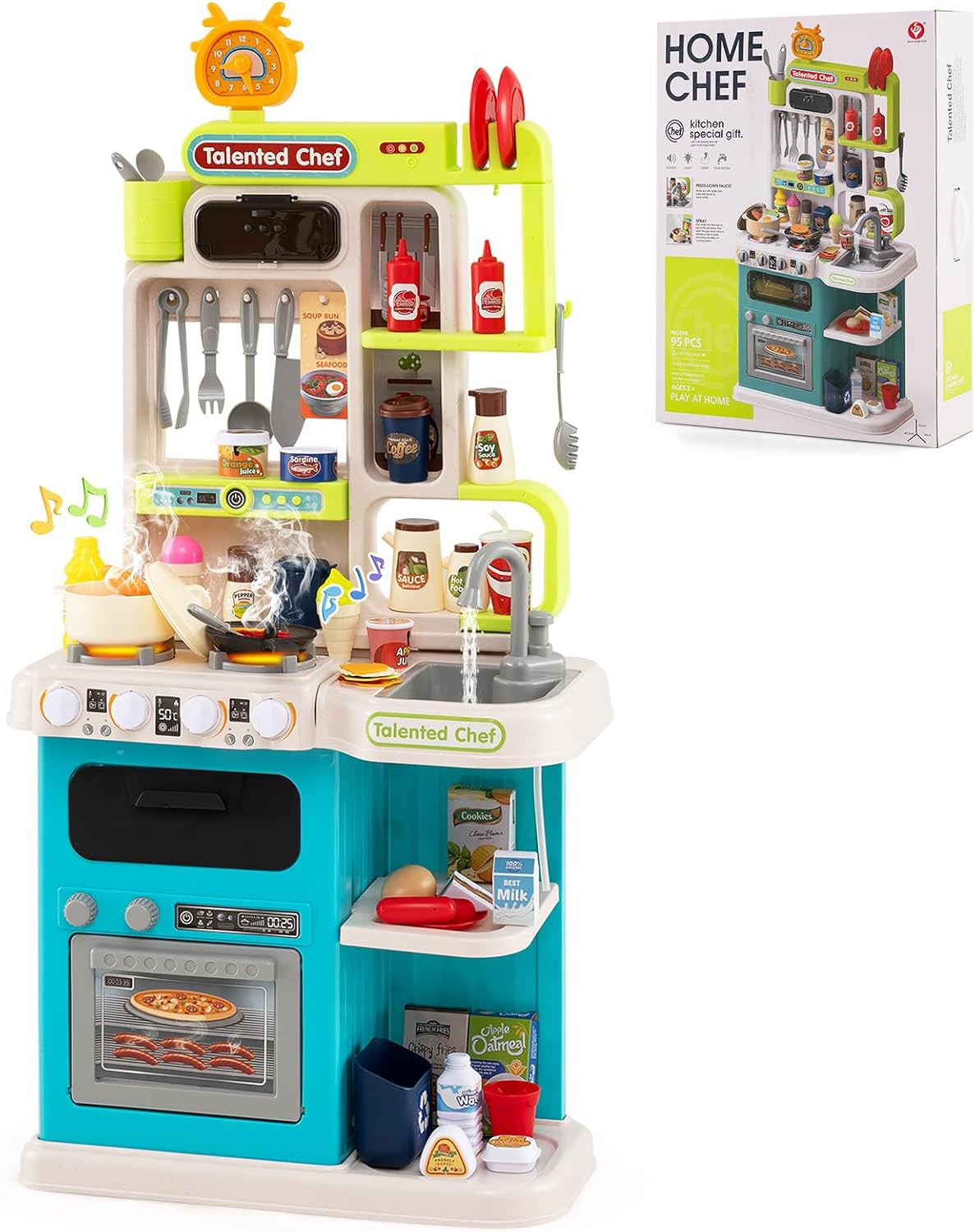 Kuchnia dla Dzieci z Efektami Dźwiękowymi i Światłami, PP z Kuchenką, Lodówką, Zestaw do Zabawy w Szefa Kuchni dla Dzieci Powyżej 3 Lat (Niebieska)