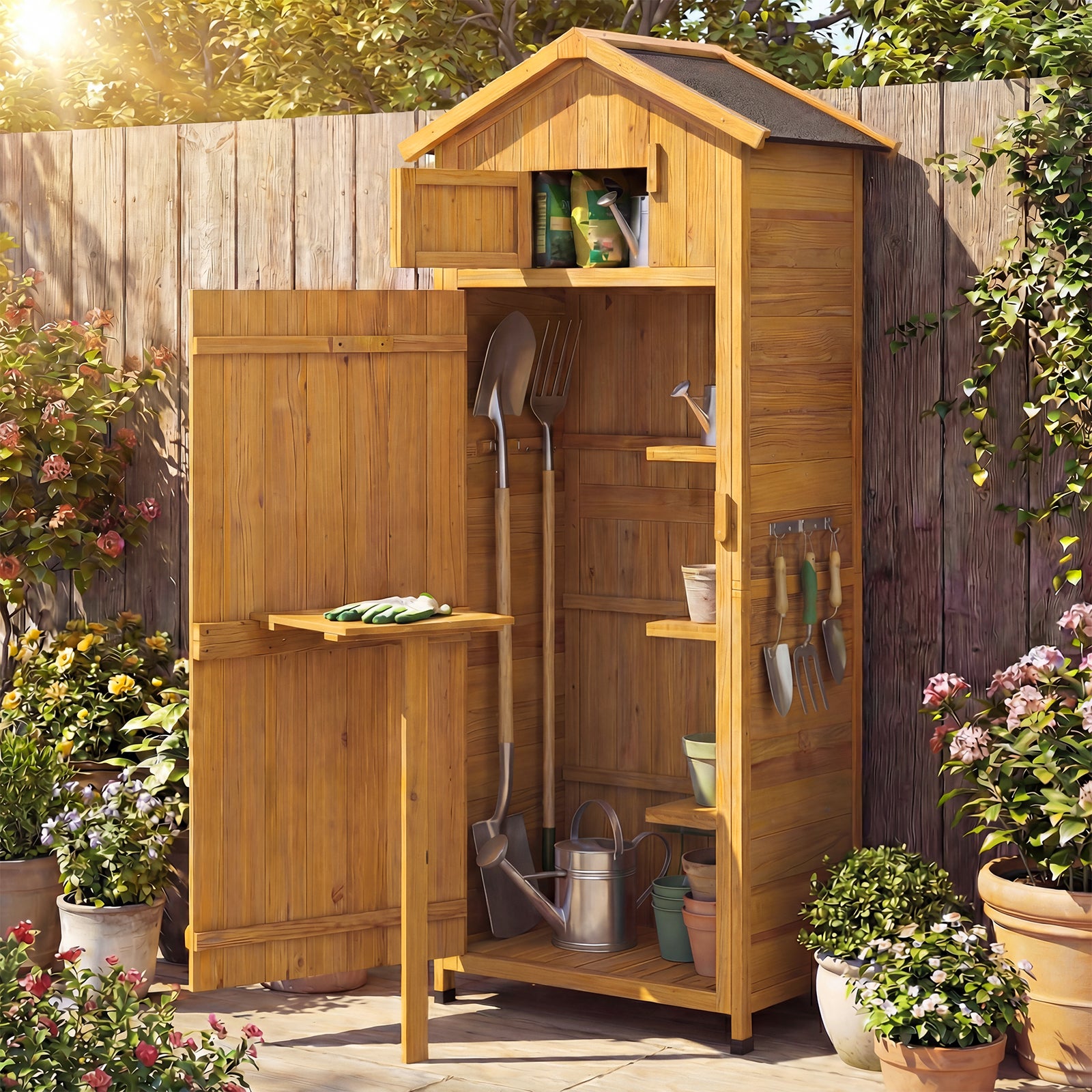 Abri de Jardin en Bois, Armoire d'Extérieur avec Porte Verrouillable, Étagères Amovibles, Table Latérale Pliante, 3 Crochets, Toit en Asphalte - 8