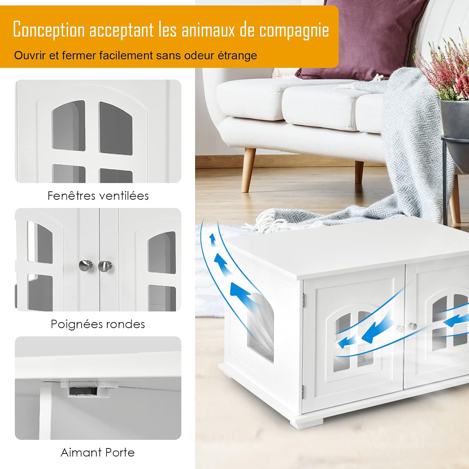 Caixa de areia para gatos, Caixa de areia para gatos com 2 portas, orifícios de ventilação, para sala de estar, quarto, 81 x 53 x 49 cm, branco - 2