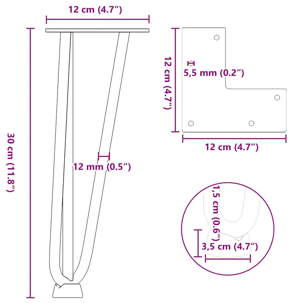 Pernas de mesa em gancho 4 peças aço maciço aço natural 30cm - COMFORTXL - 9