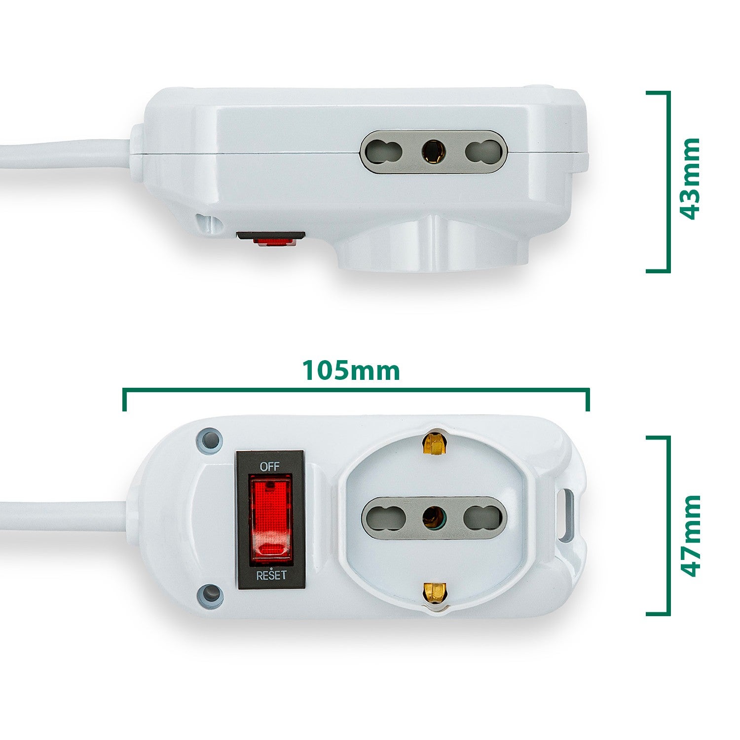 Multiprise italienne 3 entrées. Câble 1,5 m, petite prise 10 A - 2