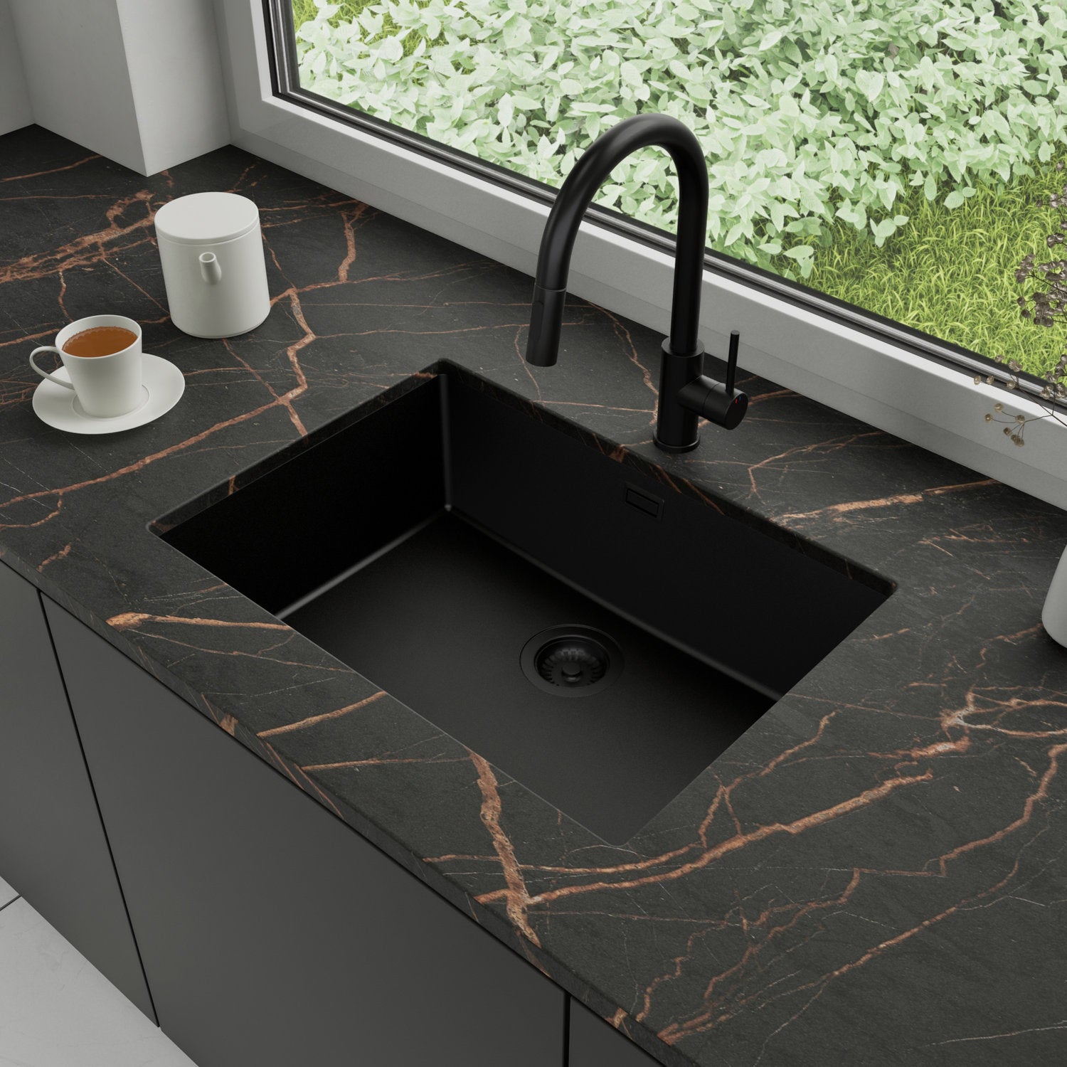 Zlewozmywak podblatowy 66x47cm, do szafki od 70cm + Bateria + Syfon - Agate Cały Czarny STONESTYLE