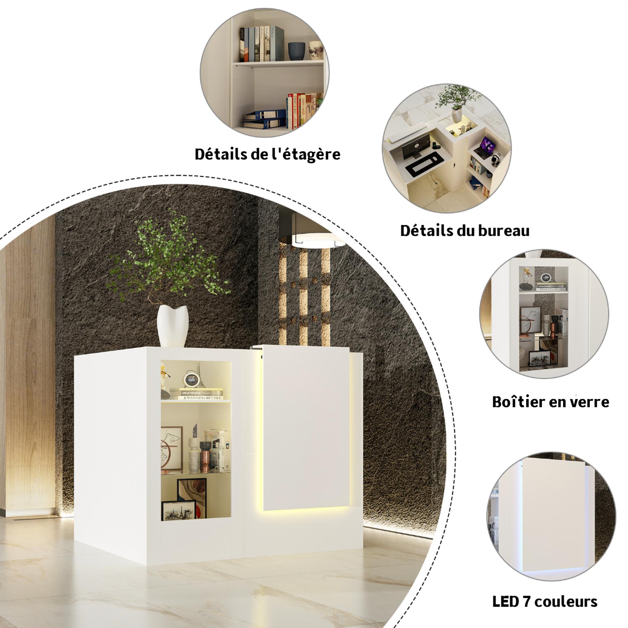 Bureau d’Accueil en Forme L, Compartiments et Étagères en Verre , Comptoir de Réception à Éclairage LED, Bureau,120x100x103, Blanc - 8
